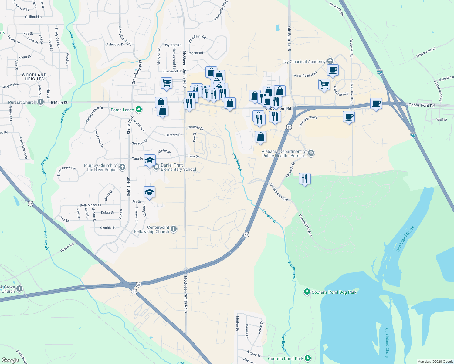 map of restaurants, bars, coffee shops, grocery stores, and more near 1006 Saddle Ridge in Prattville