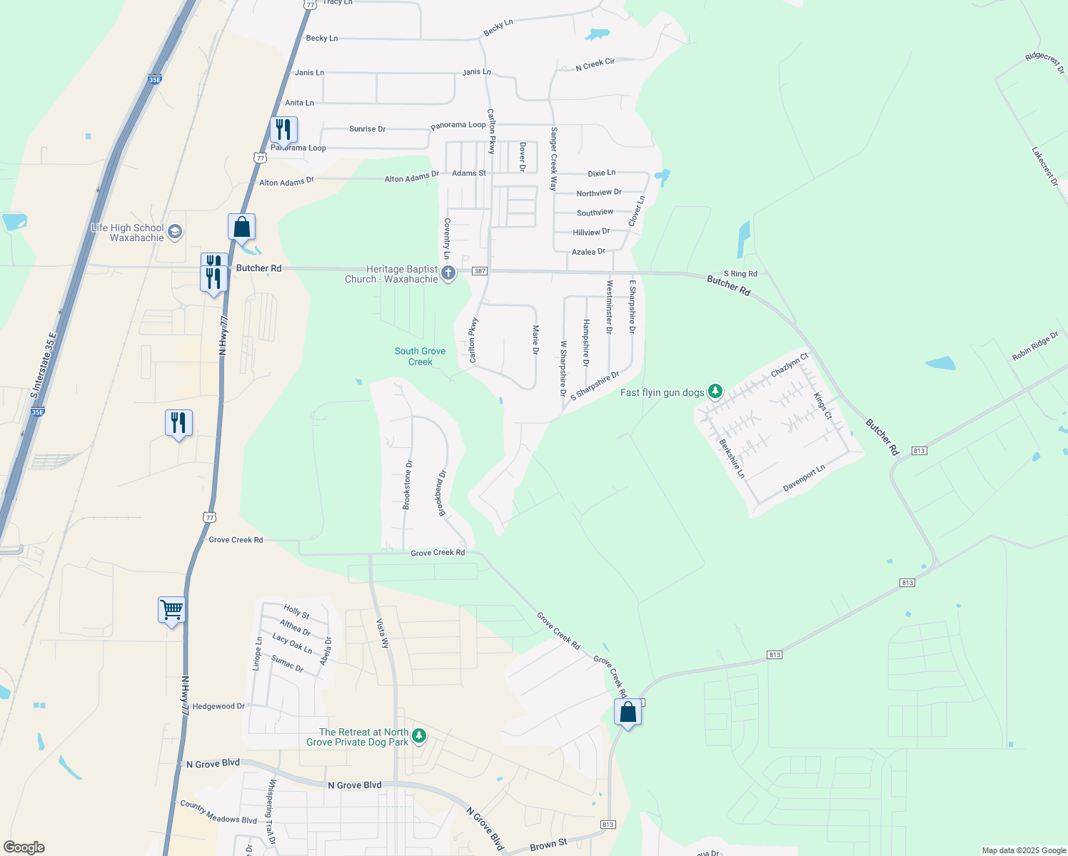 map of restaurants, bars, coffee shops, grocery stores, and more near 1182 East Sharpshire Court in Waxahachie