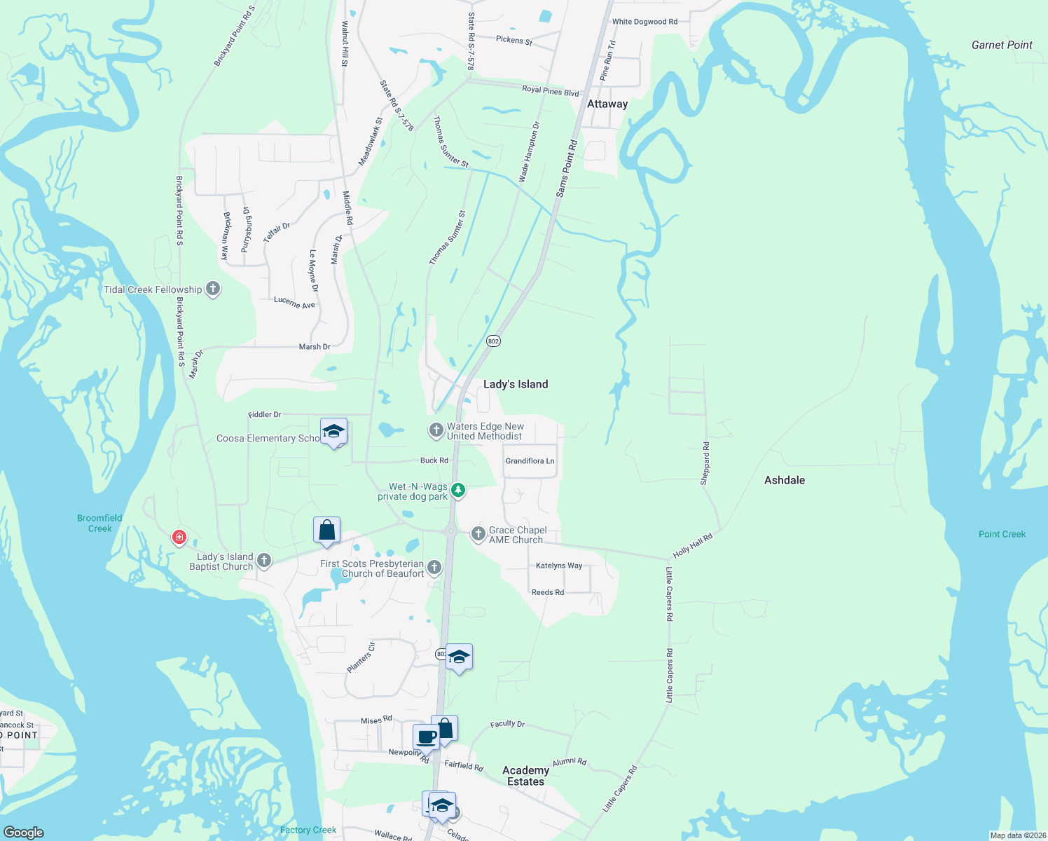 map of restaurants, bars, coffee shops, grocery stores, and more near 7 Shiney Leaf Court in Beaufort