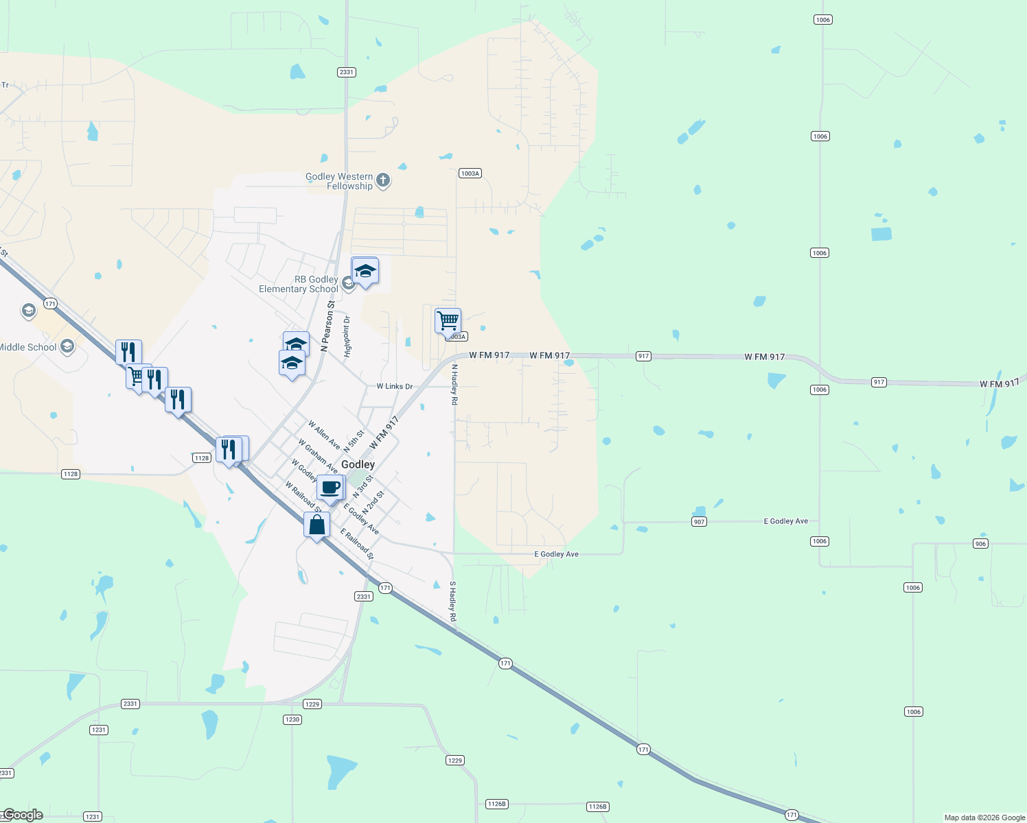 map of restaurants, bars, coffee shops, grocery stores, and more near 312 Corral Rd in Godley