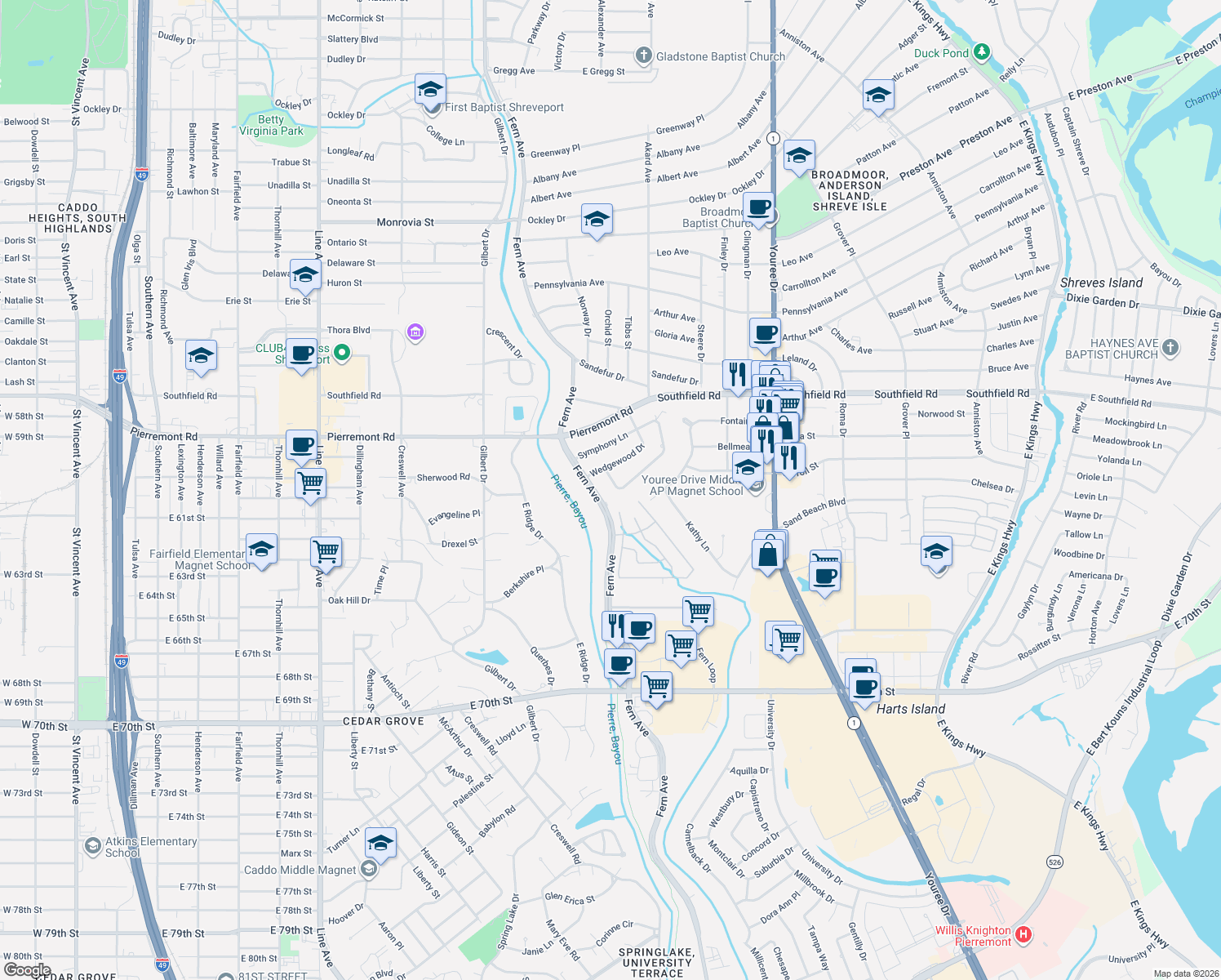 map of restaurants, bars, coffee shops, grocery stores, and more near 6018 Cinderella Ln in Shreveport
