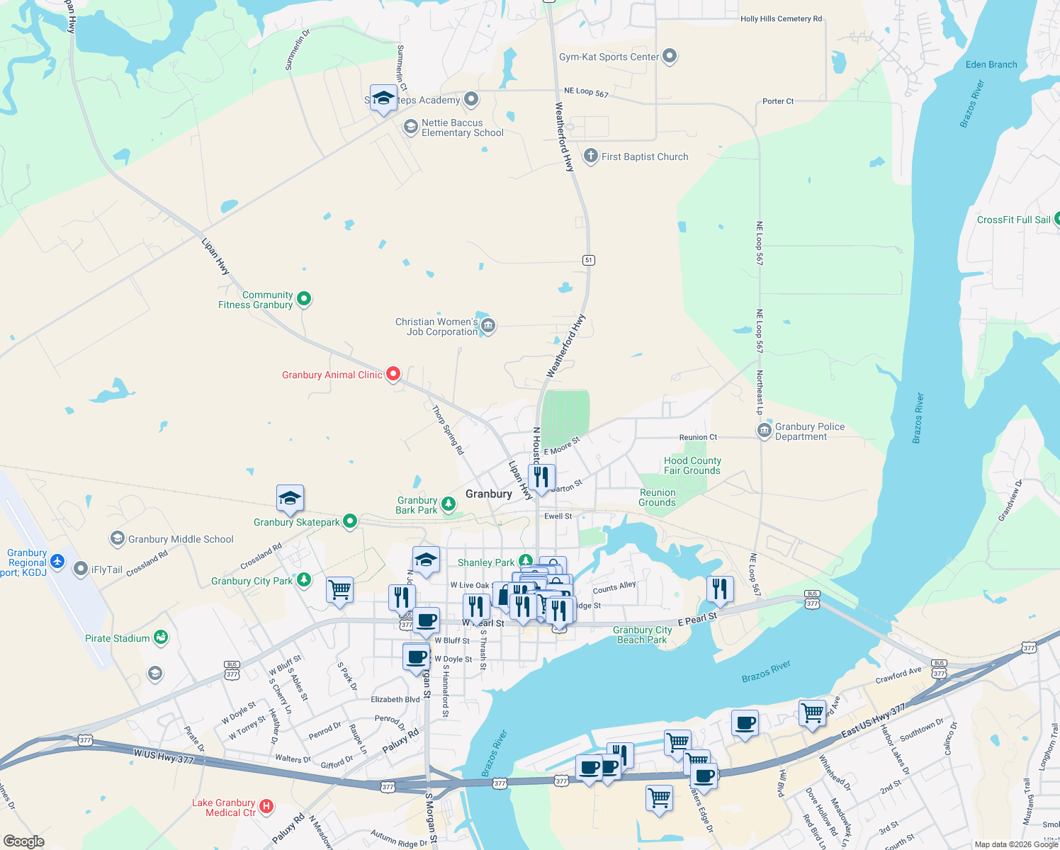 map of restaurants, bars, coffee shops, grocery stores, and more near 904 North Houston Street in Granbury