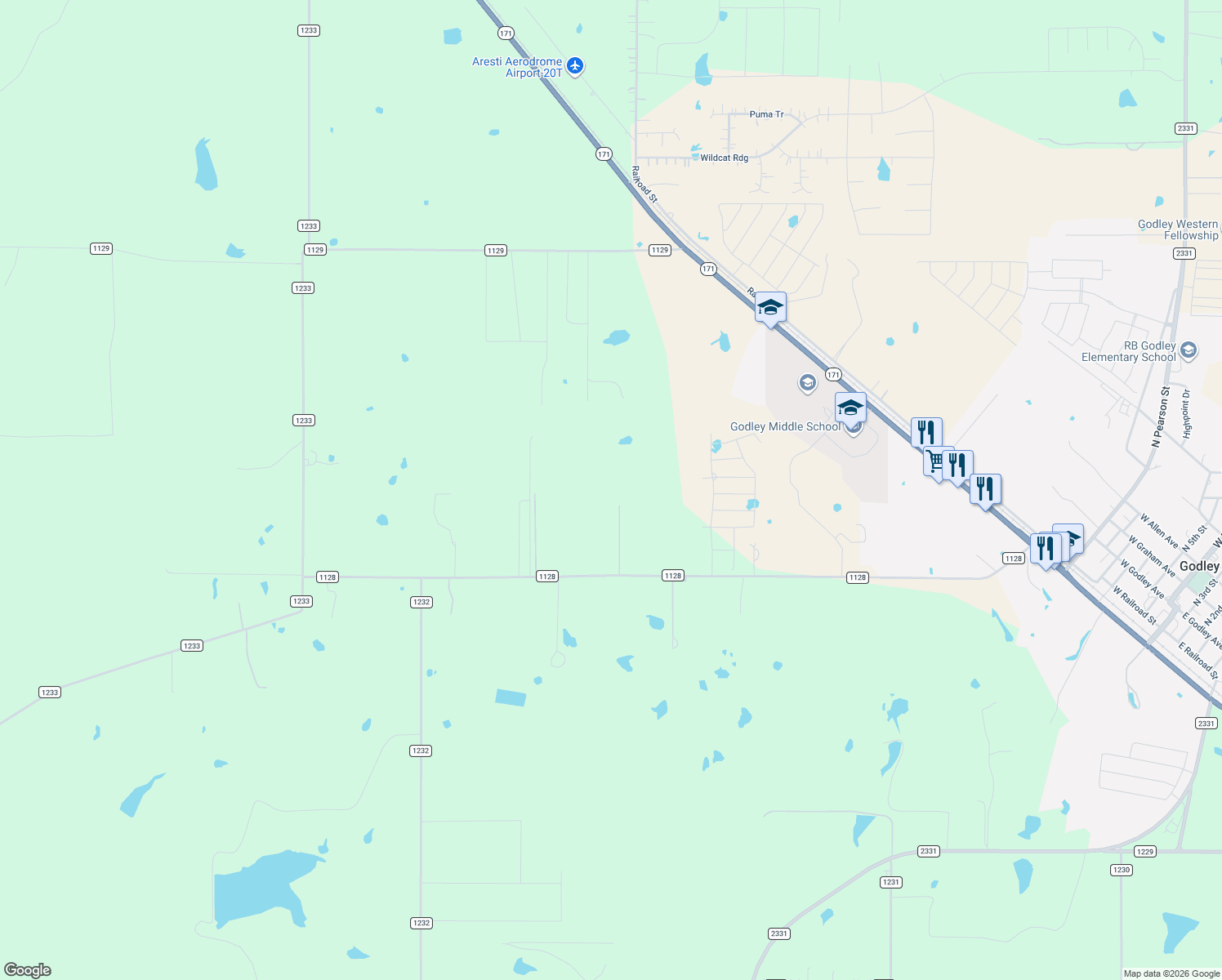 map of restaurants, bars, coffee shops, grocery stores, and more near 8648 County Road 1128 in Godley