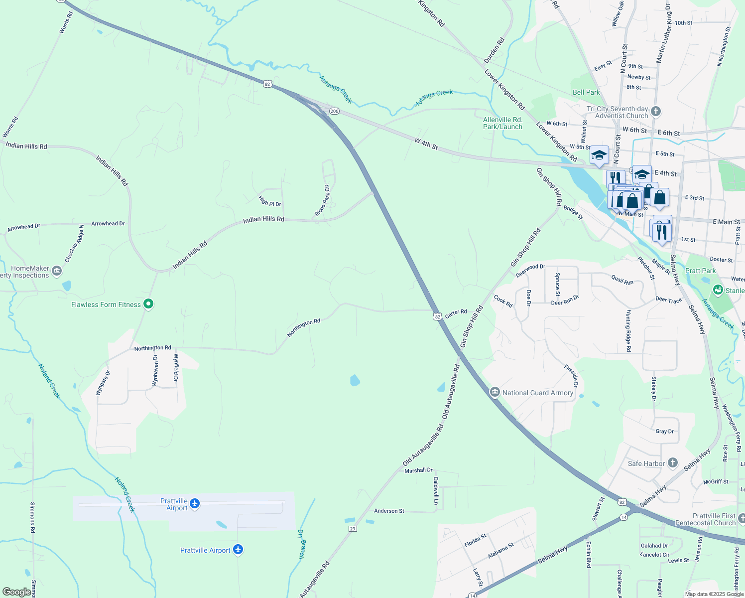 map of restaurants, bars, coffee shops, grocery stores, and more near 1330 Northington Road in Prattville
