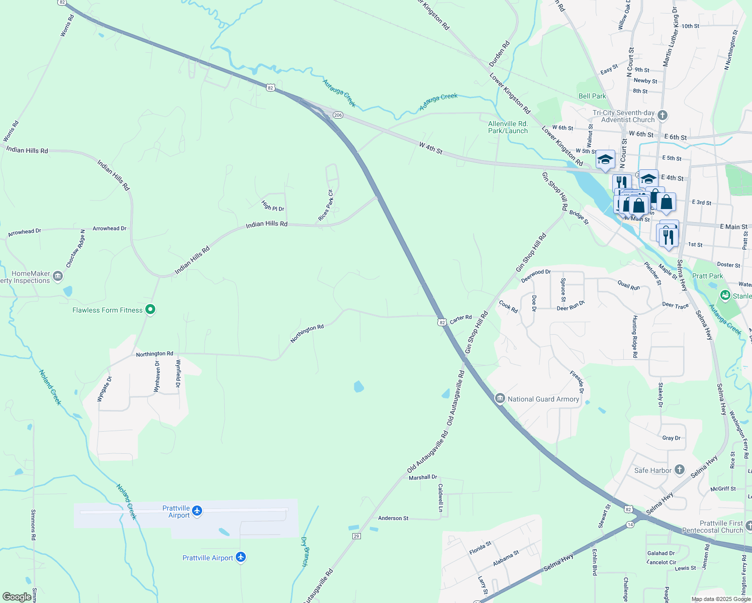 map of restaurants, bars, coffee shops, grocery stores, and more near 1330 Northington Road in Prattville