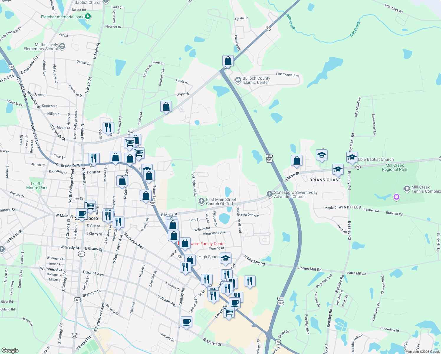 map of restaurants, bars, coffee shops, grocery stores, and more near 137 Blue Ridge Drive in Statesboro