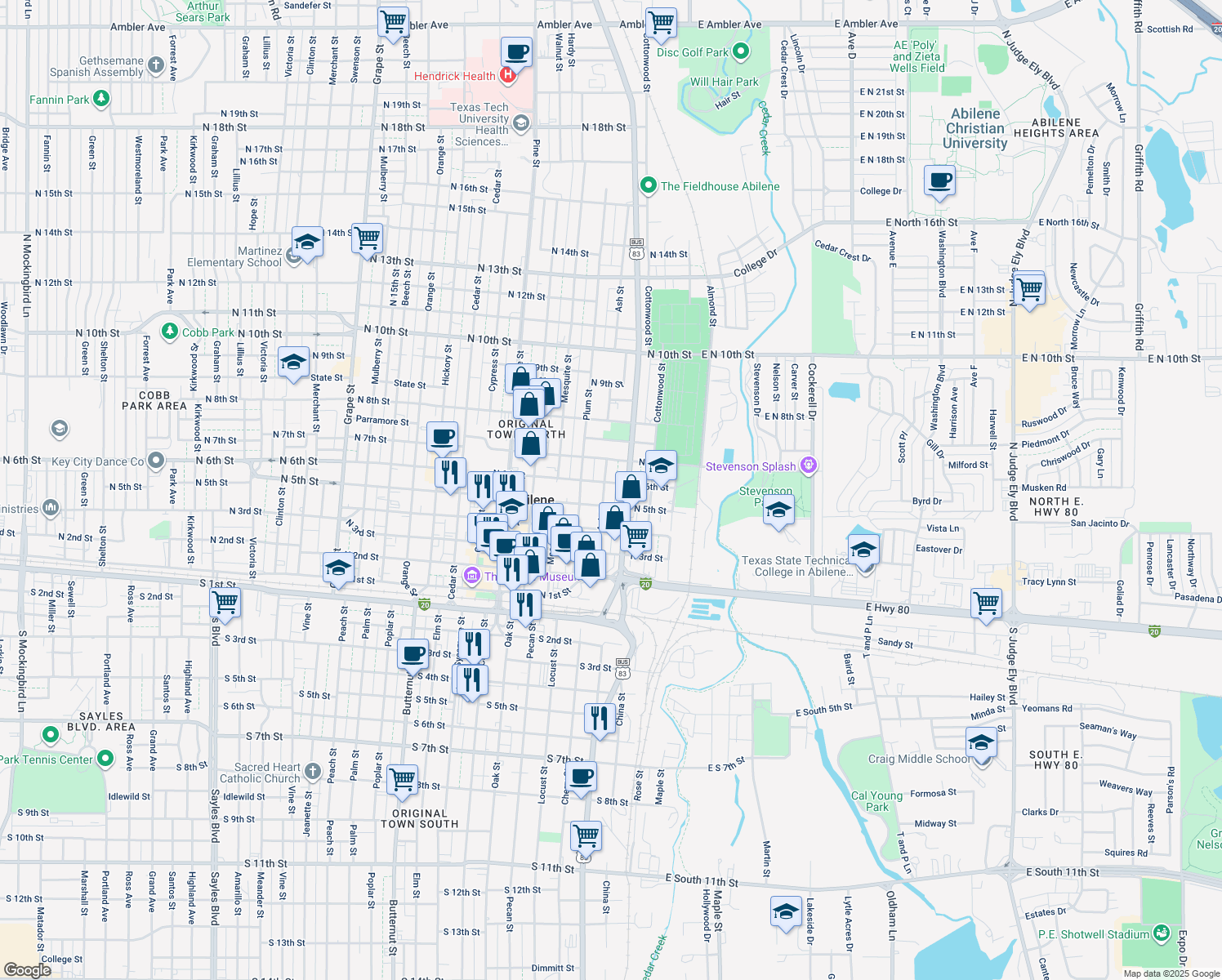 map of restaurants, bars, coffee shops, grocery stores, and more near 533 Ash Street in Abilene