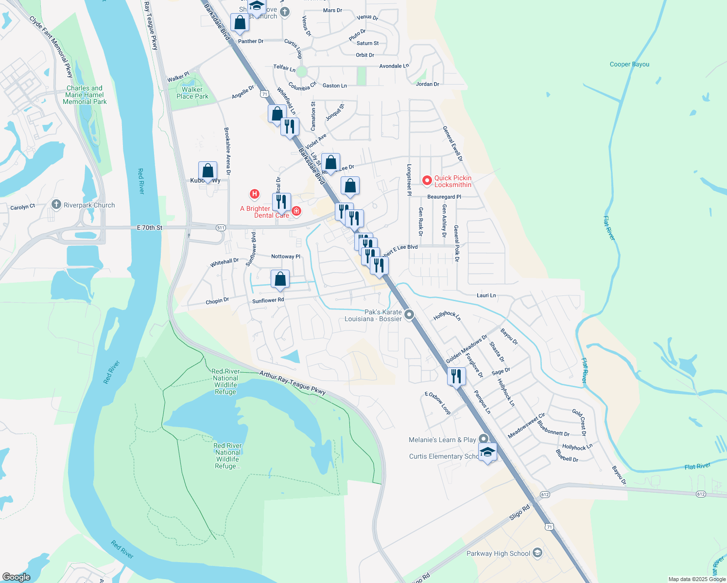 map of restaurants, bars, coffee shops, grocery stores, and more near 207 Radbrook Drive in Bossier City