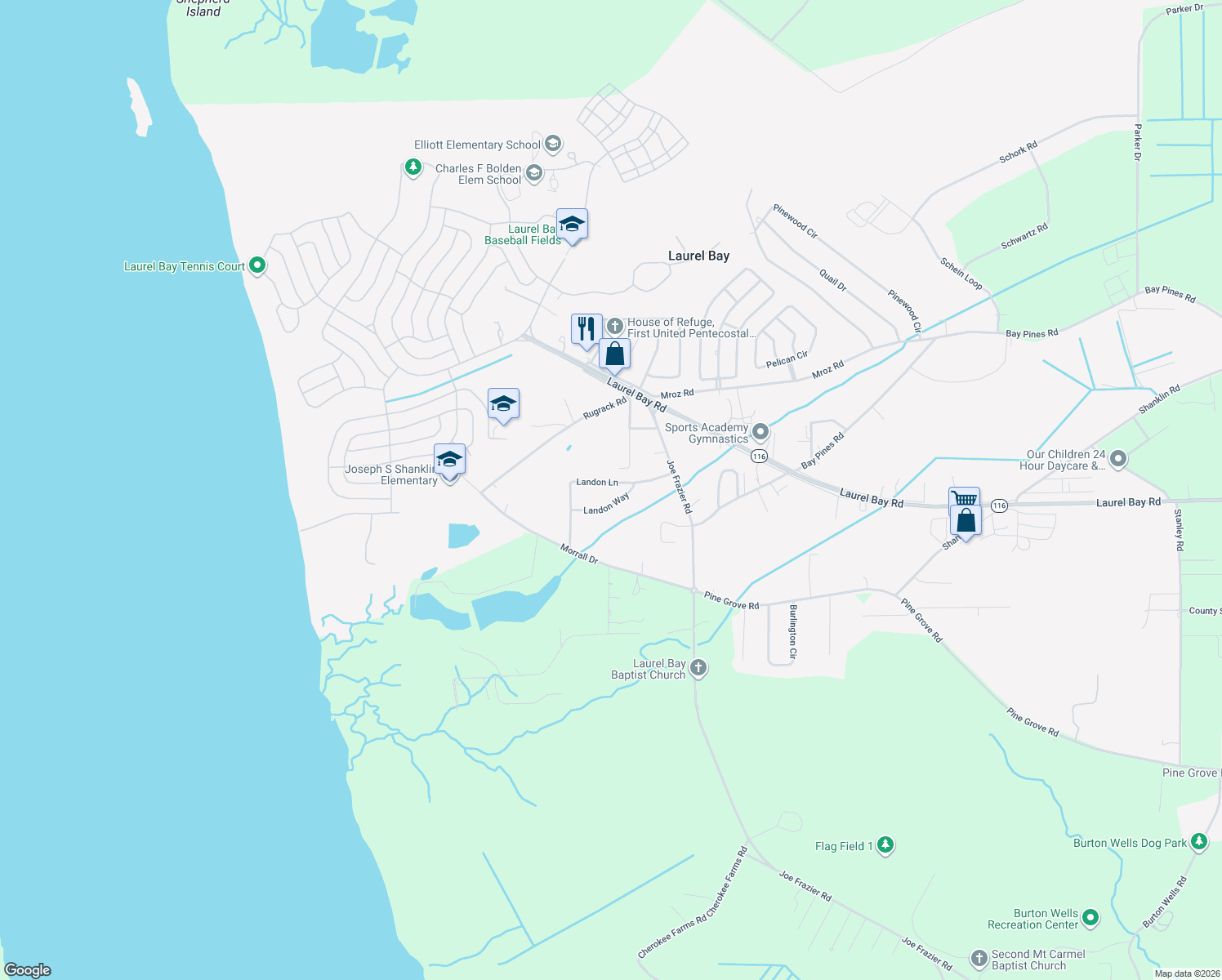 map of restaurants, bars, coffee shops, grocery stores, and more near 46 Landon Ln in Beaufort