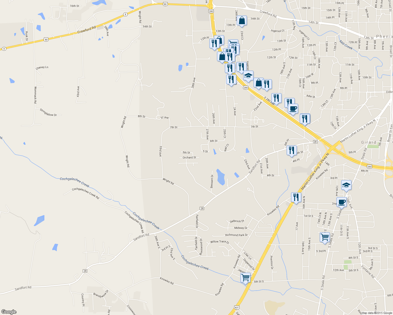map of restaurants, bars, coffee shops, grocery stores, and more near 2515 Orchard St in Phenix City