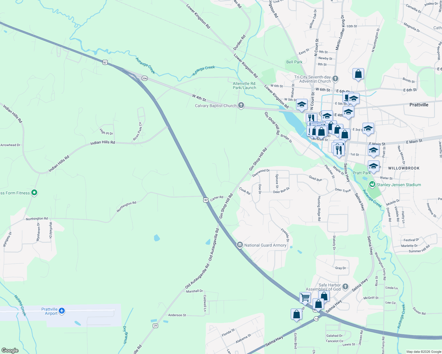 map of restaurants, bars, coffee shops, grocery stores, and more near 704 Emerald Dr in Prattville