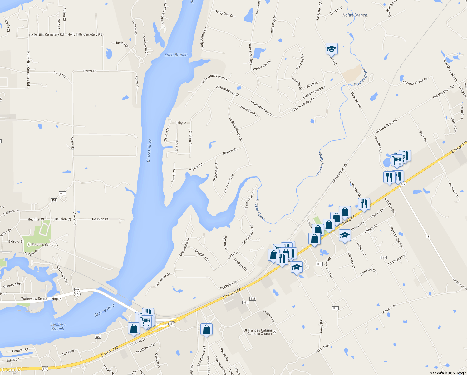 map of restaurants, bars, coffee shops, grocery stores, and more near 1923 Green Wing Drive in Granbury