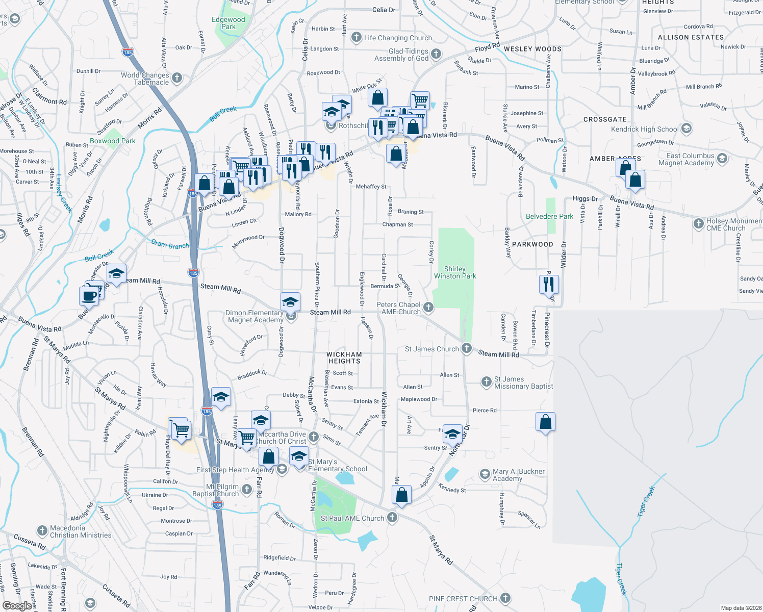 map of restaurants, bars, coffee shops, grocery stores, and more near 512 Cardinal Drive in Columbus