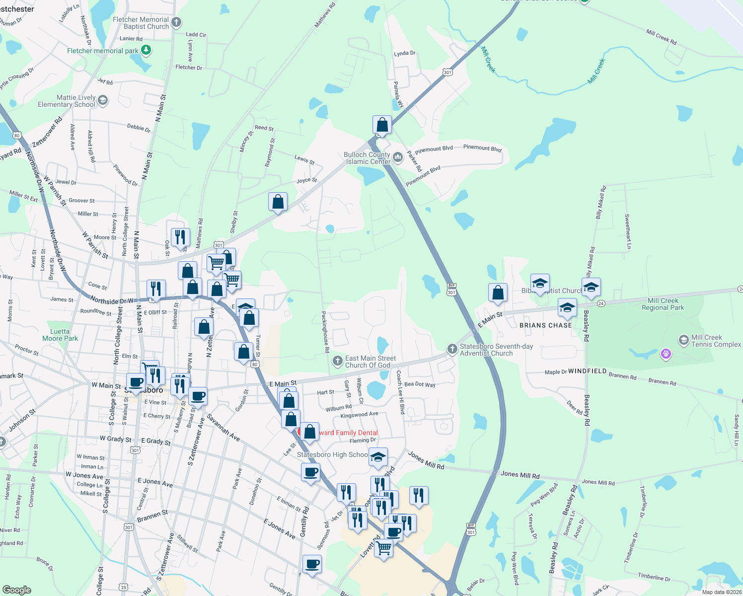 map of restaurants, bars, coffee shops, grocery stores, and more near 142 Blue Ridge Drive in Statesboro