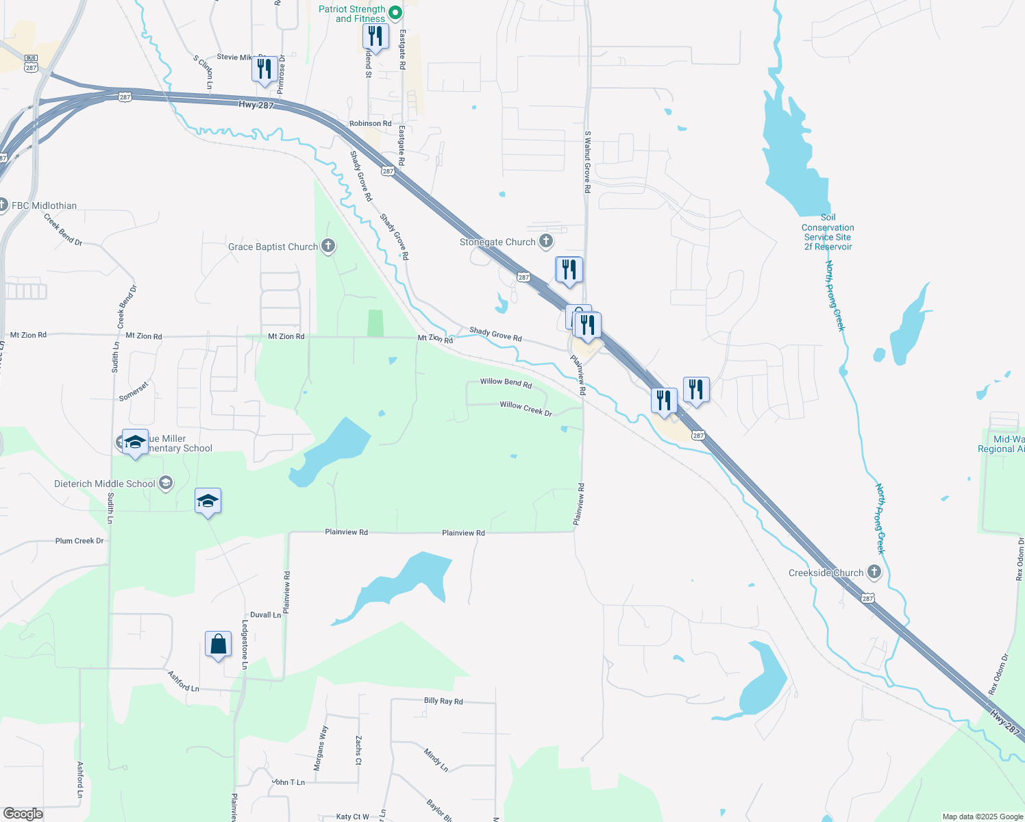 map of restaurants, bars, coffee shops, grocery stores, and more near 3820 Willow Creek Drive in Midlothian