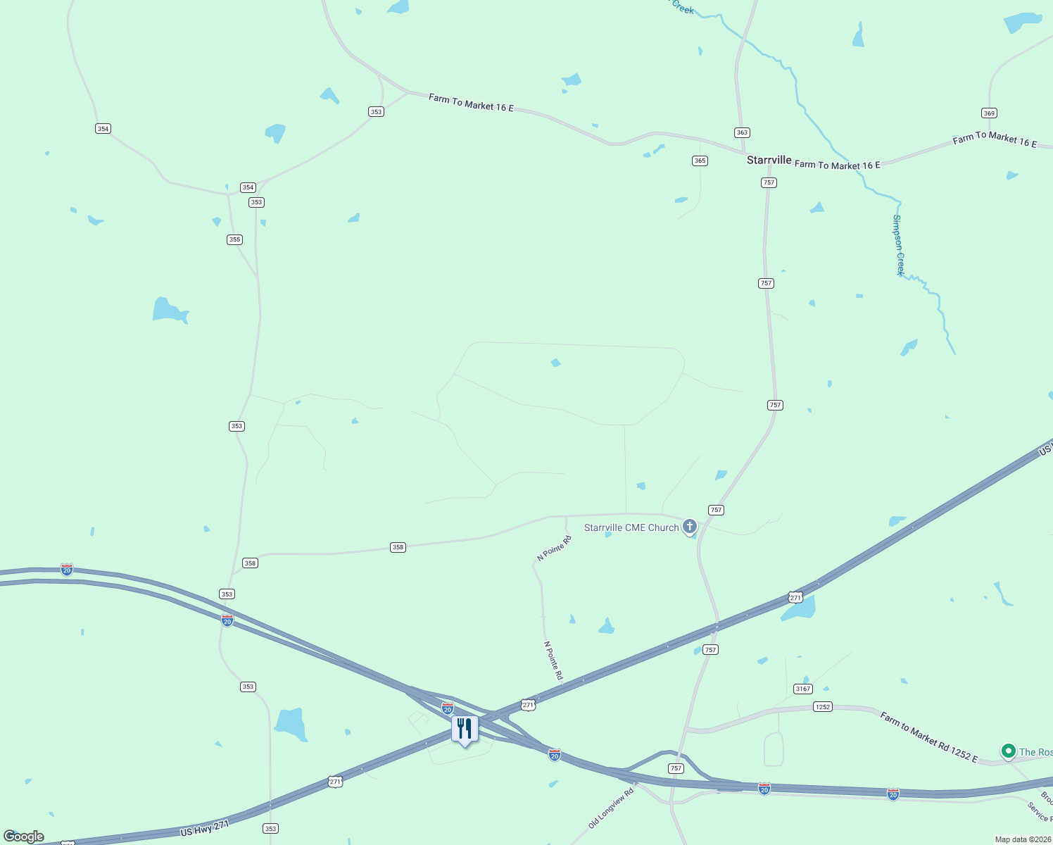 map of restaurants, bars, coffee shops, grocery stores, and more near 16943 Ridgeline Loop in Smith County