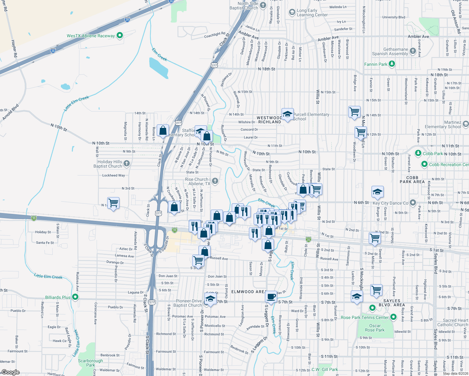 map of restaurants, bars, coffee shops, grocery stores, and more near 771 Westwood Drive in Abilene