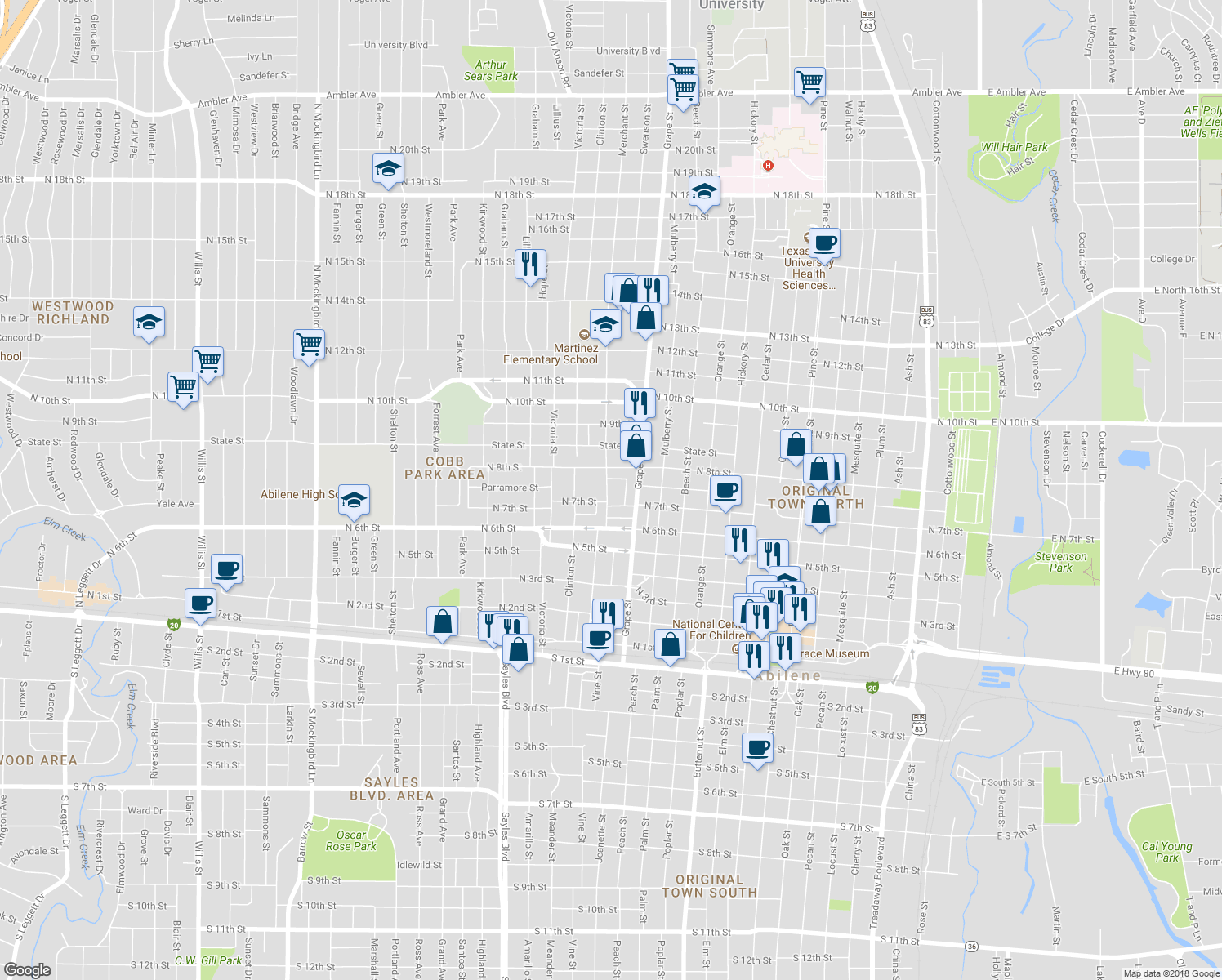 map of restaurants, bars, coffee shops, grocery stores, and more near 725 Merchant Street in Abilene