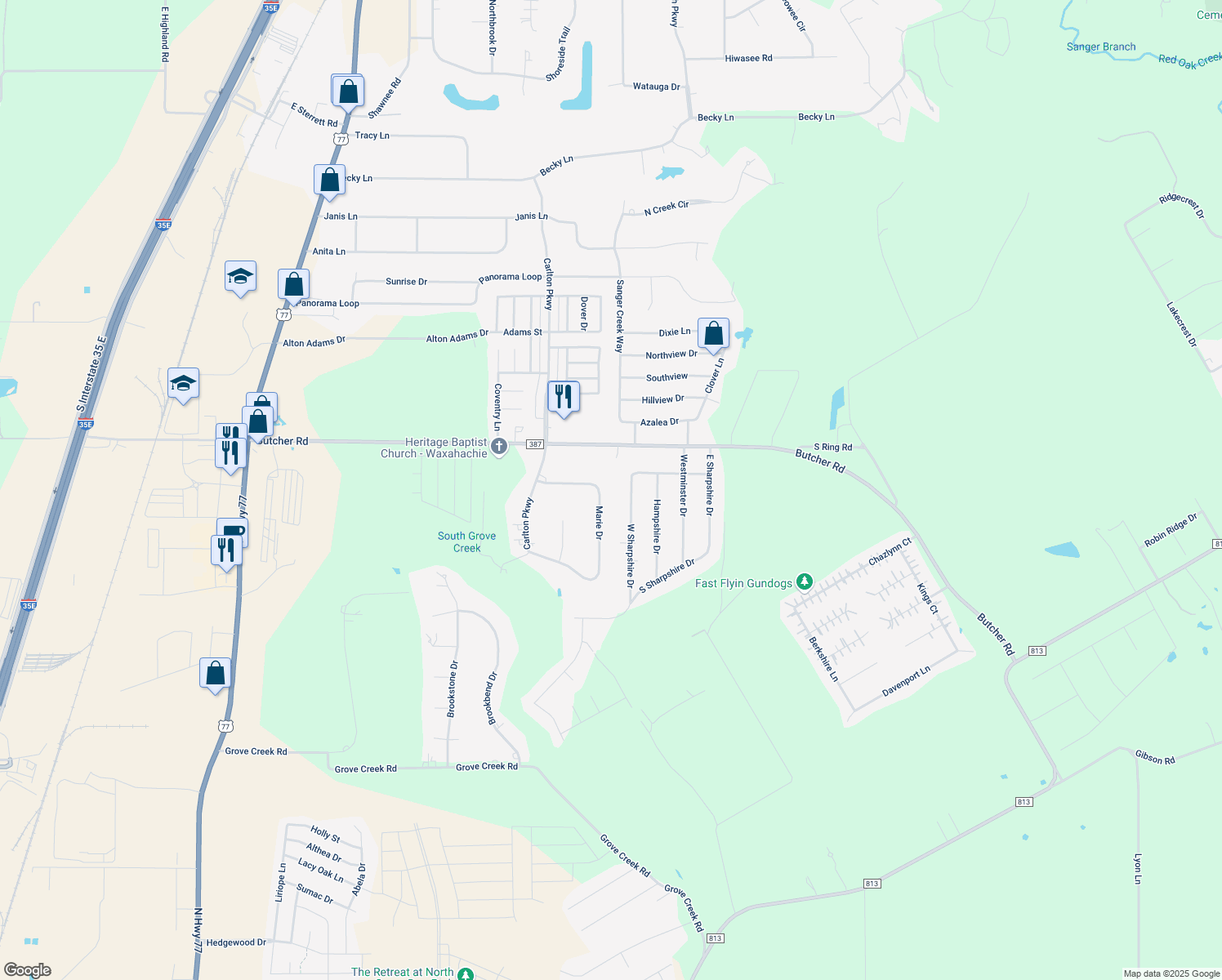 map of restaurants, bars, coffee shops, grocery stores, and more near 1129 Maree Drive in Waxahachie