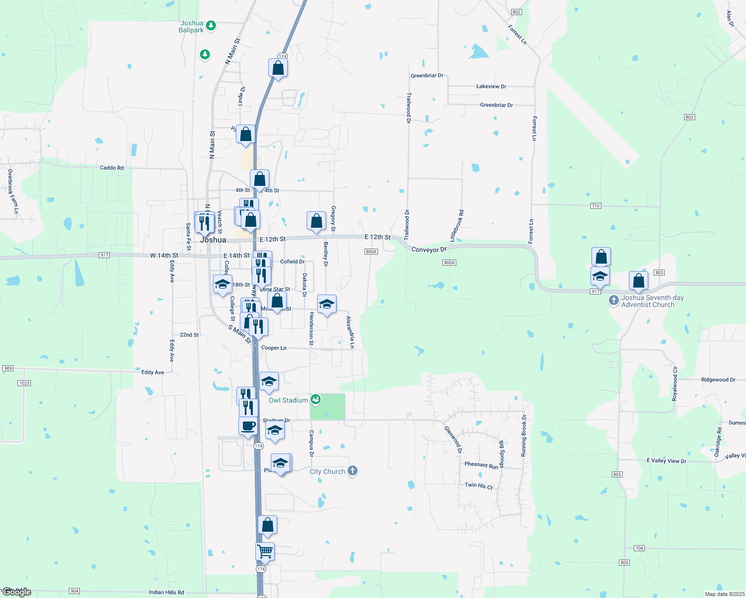 map of restaurants, bars, coffee shops, grocery stores, and more near 221 County Road 800A in Joshua