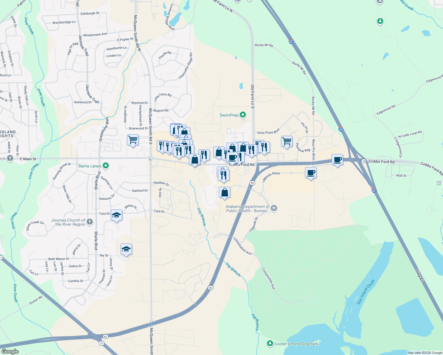 map of restaurants, bars, coffee shops, grocery stores, and more near 1460 Cotton Exchange in Prattville