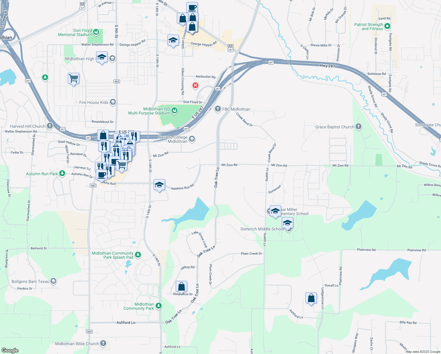 map of restaurants, bars, coffee shops, grocery stores, and more near 2260 Oak Tree Ln in Midlothian
