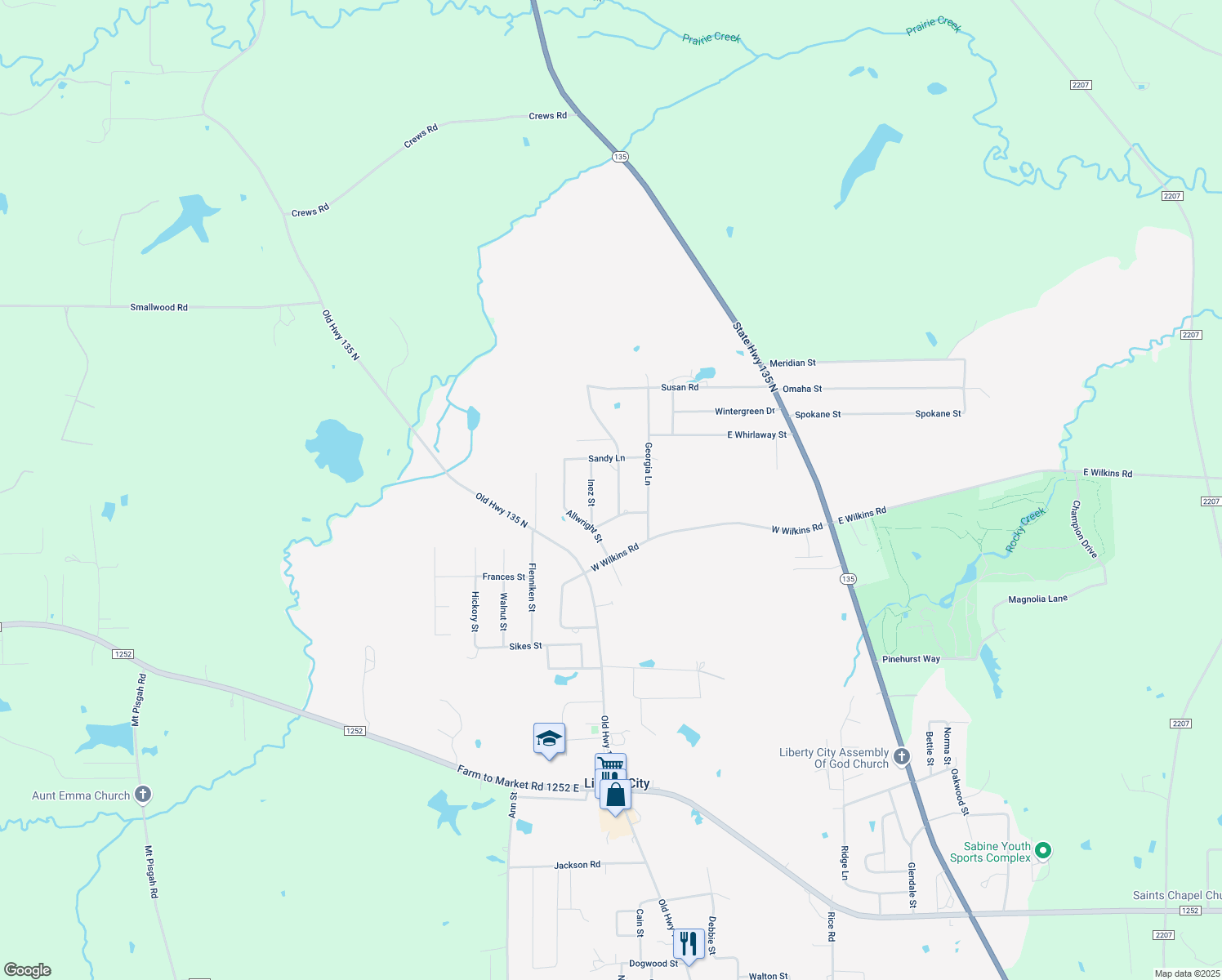 map of restaurants, bars, coffee shops, grocery stores, and more near 450 Lyndall Lane in Gladewater