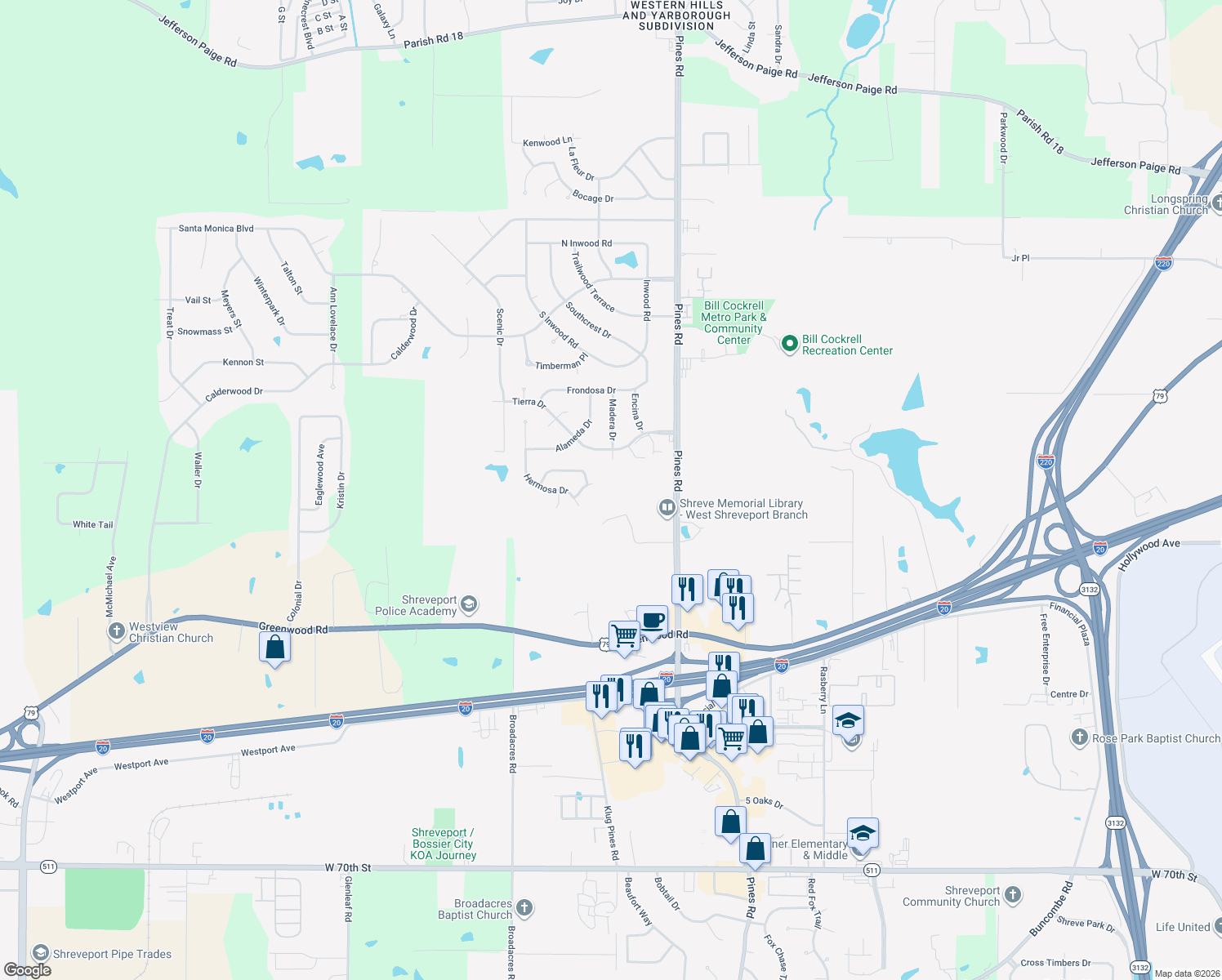 map of restaurants, bars, coffee shops, grocery stores, and more near 4312 Flores Circle in Shreveport