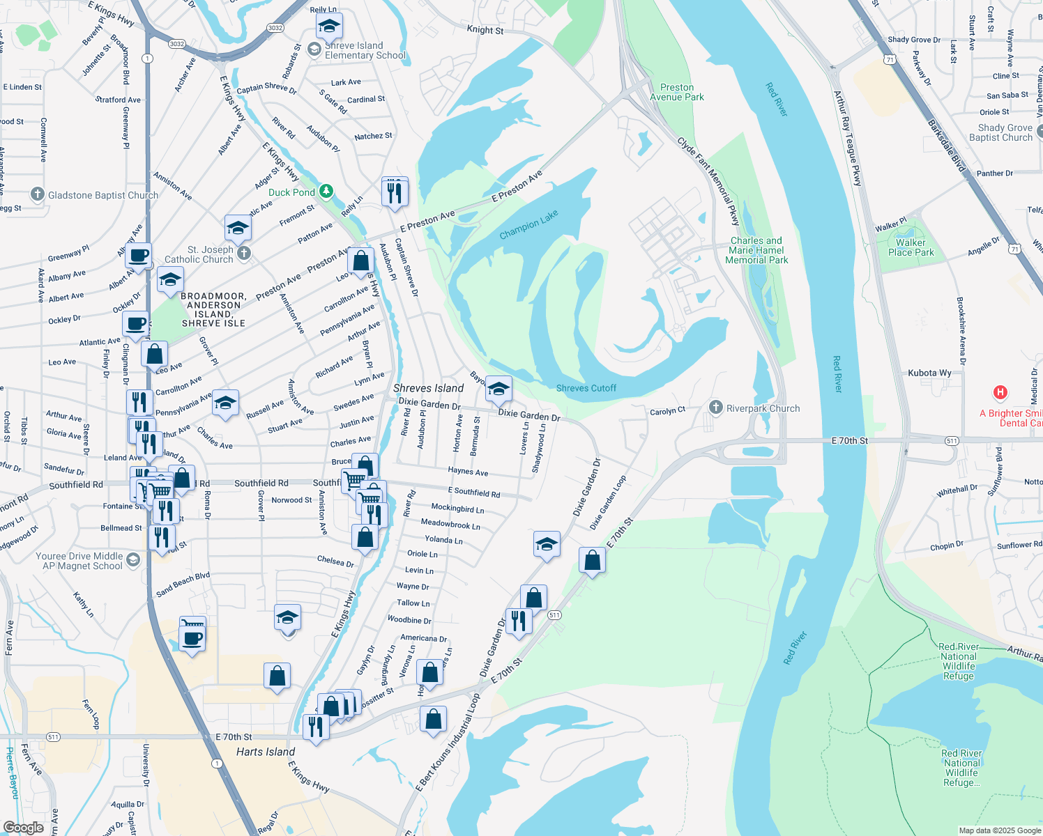 map of restaurants, bars, coffee shops, grocery stores, and more near 2002 Lovers Lane in Shreveport