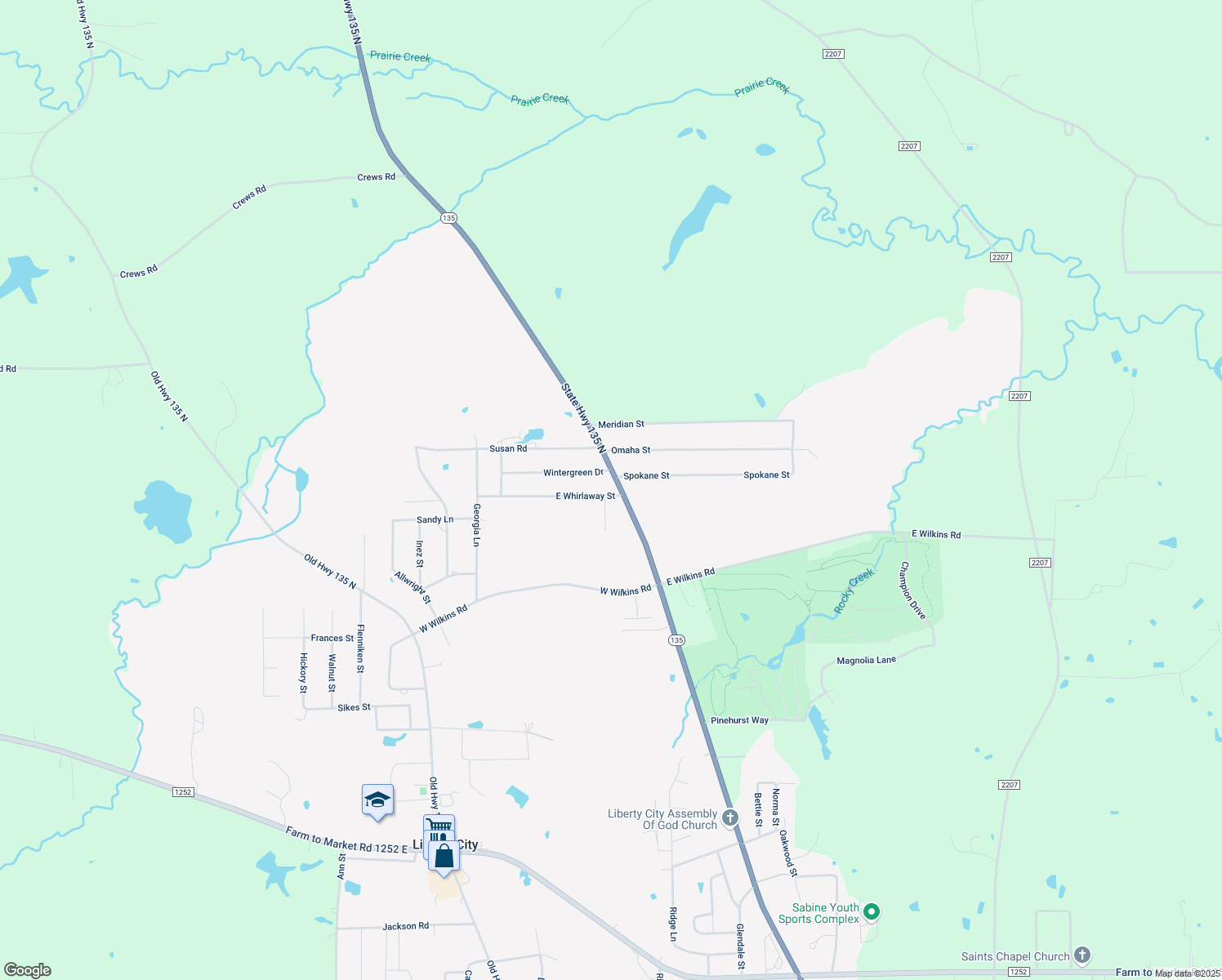 map of restaurants, bars, coffee shops, grocery stores, and more near 139 Whirlaway Street in Gladewater