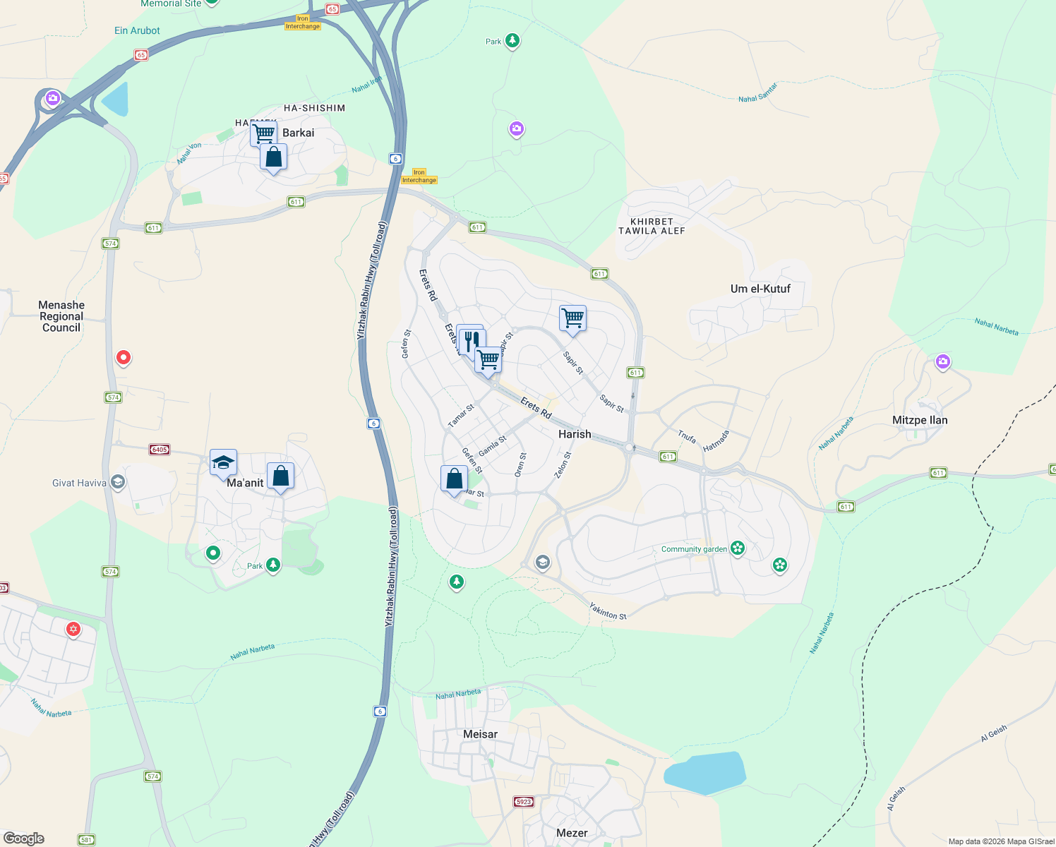 map of restaurants, bars, coffee shops, grocery stores, and more near Zayit Street in Harish