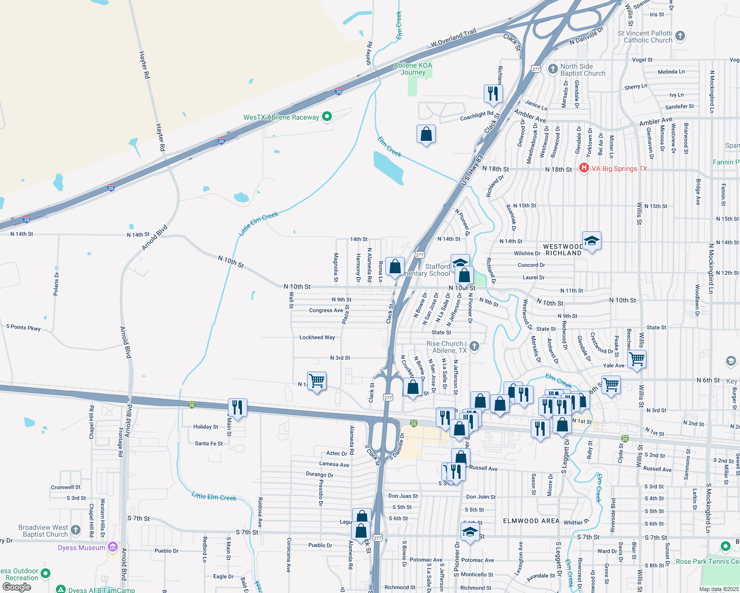 map of restaurants, bars, coffee shops, grocery stores, and more near 5118 North 9th Street in Abilene