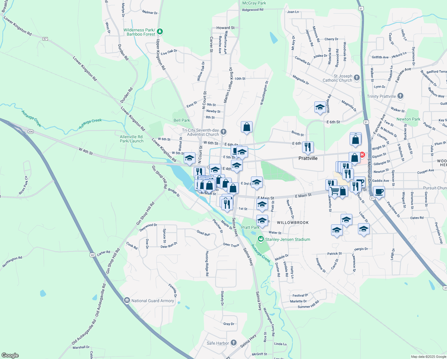 map of restaurants, bars, coffee shops, grocery stores, and more near 119 East 3rd Street in Prattville