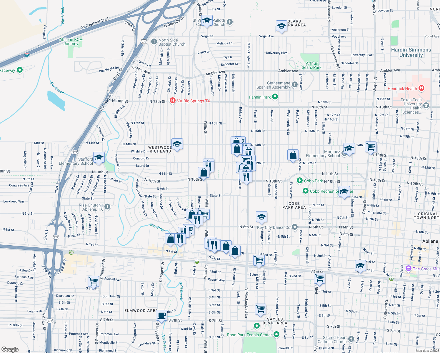 map of restaurants, bars, coffee shops, grocery stores, and more near 1010 Westview Drive in Abilene