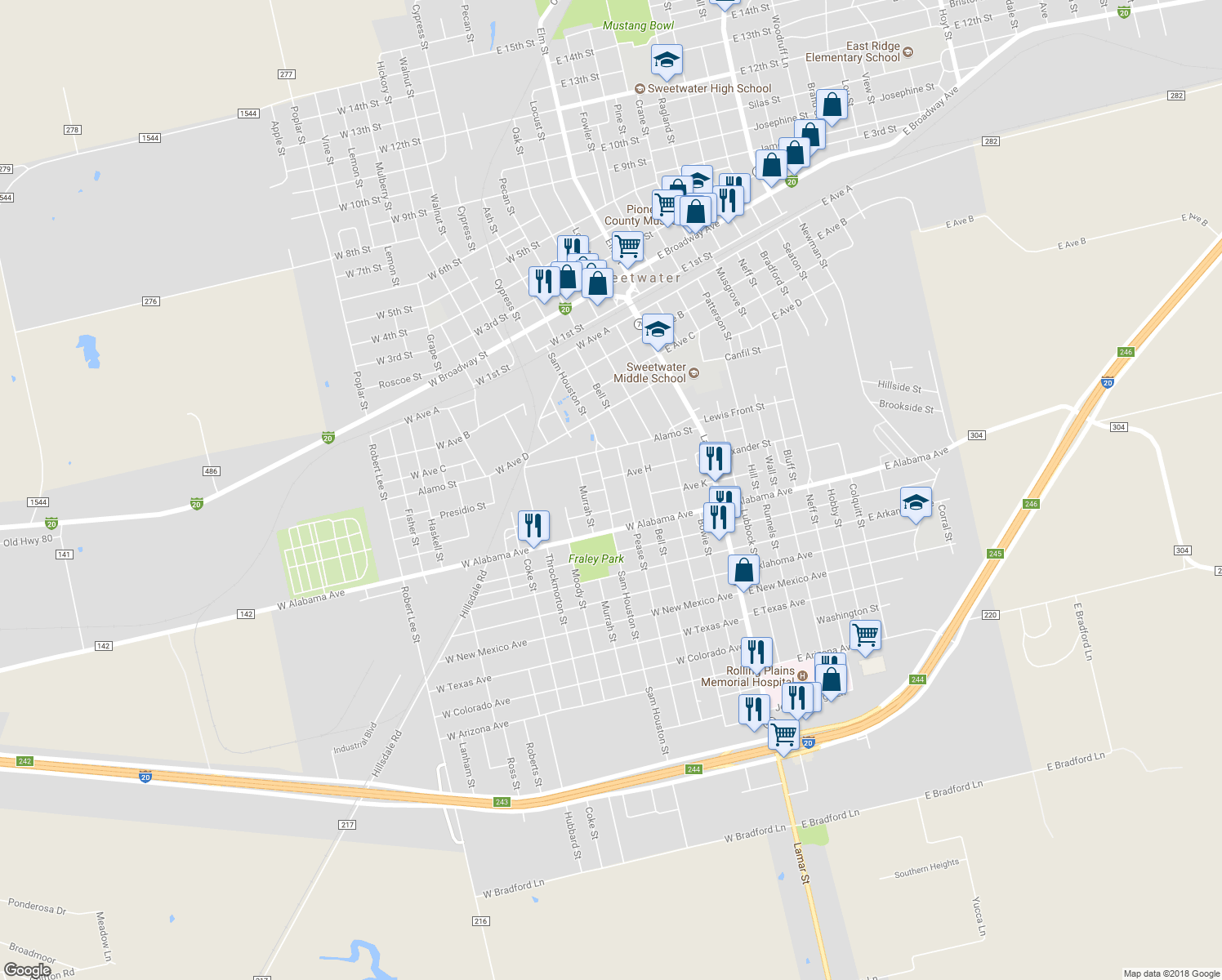 map of restaurants, bars, coffee shops, grocery stores, and more near 705 Sam Houston Street in Sweetwater