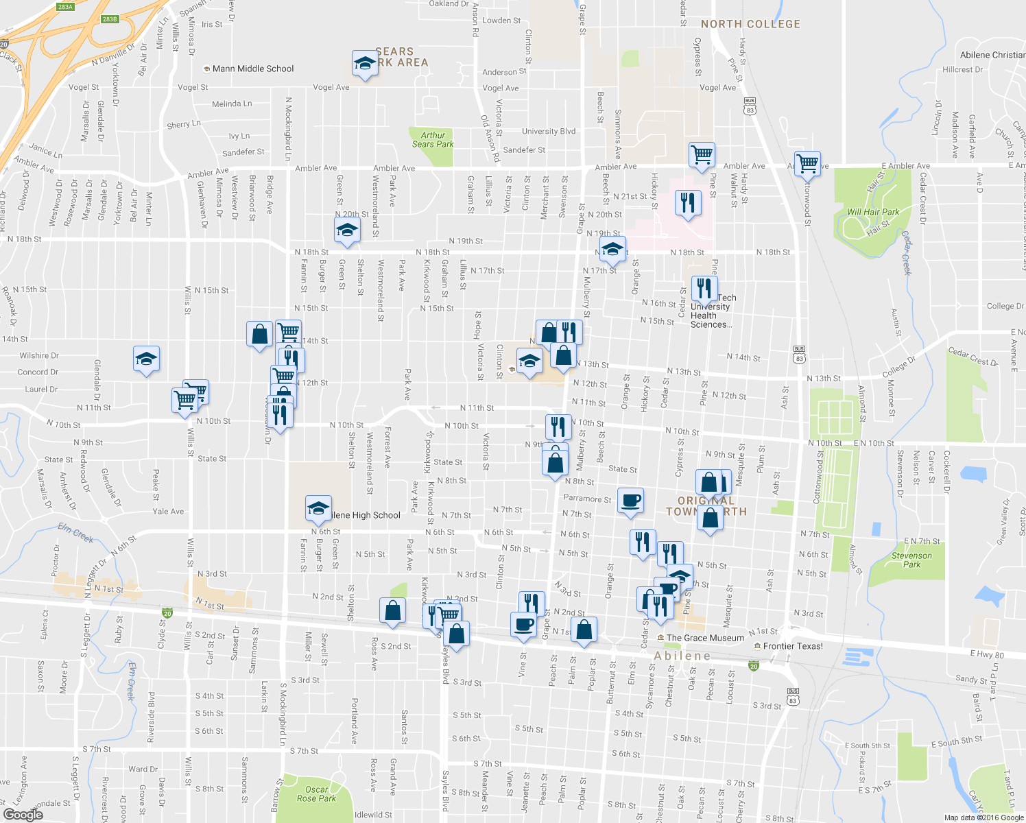 map of restaurants, bars, coffee shops, grocery stores, and more near 1029 Clinton Street in Abilene