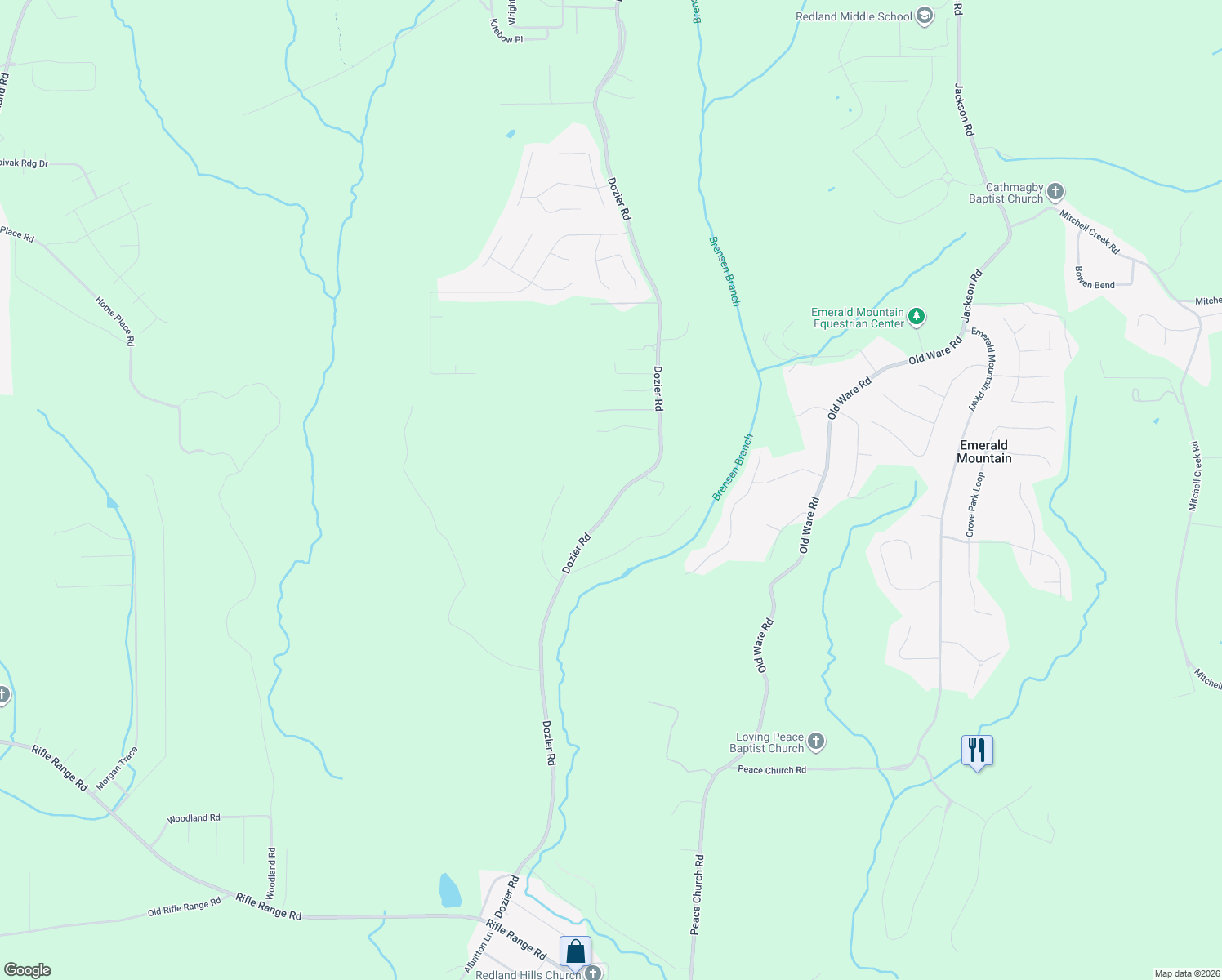 map of restaurants, bars, coffee shops, grocery stores, and more near 3480 Dozier Road in Wetumpka