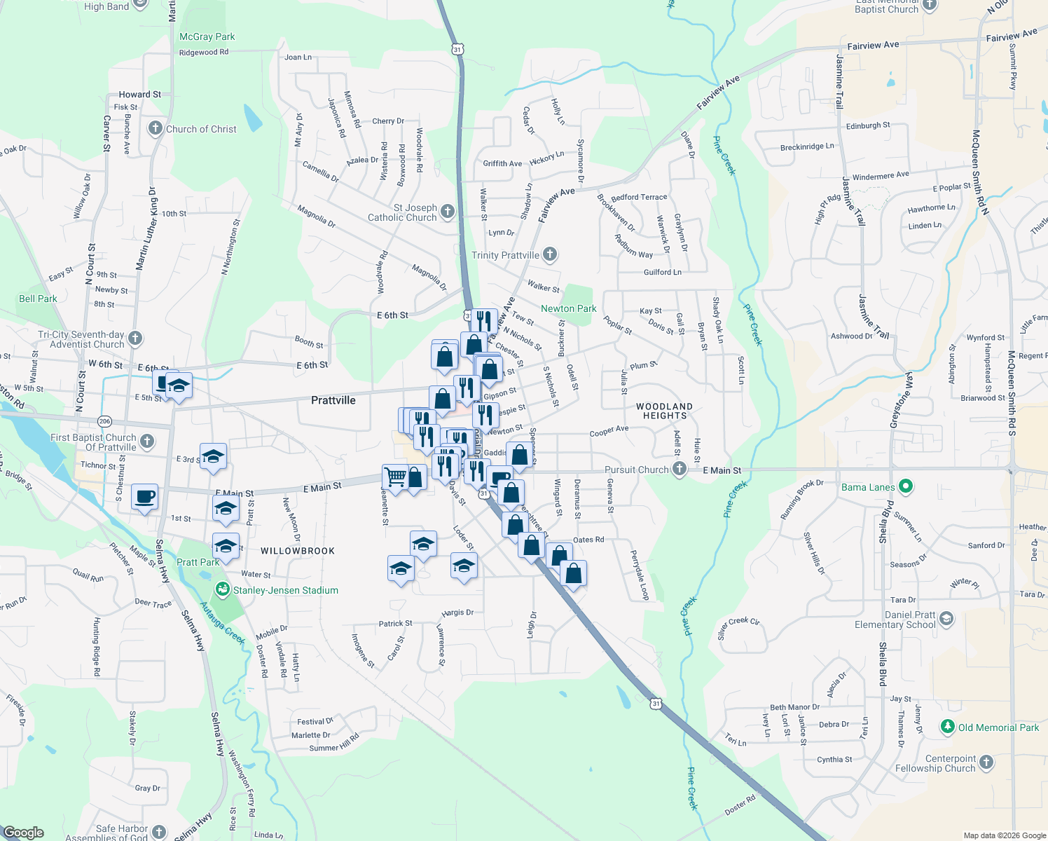 map of restaurants, bars, coffee shops, grocery stores, and more near 979 Newton Street in Prattville