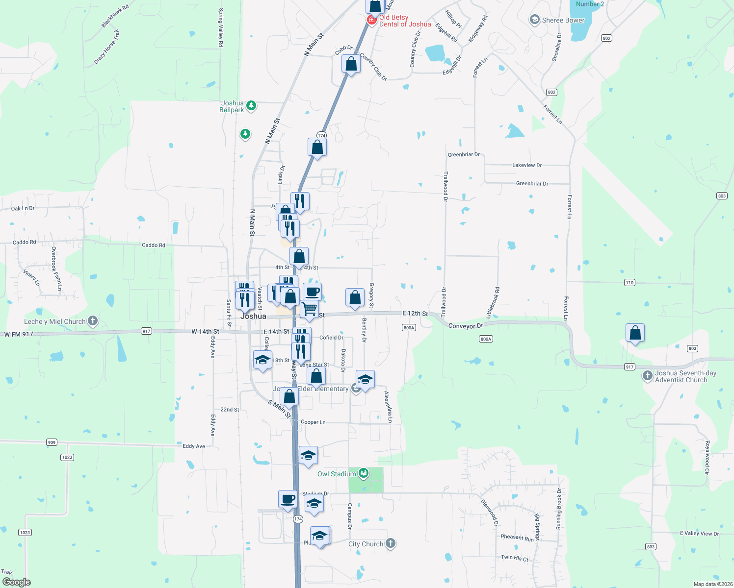 map of restaurants, bars, coffee shops, grocery stores, and more near 109 Gregory Street in Joshua