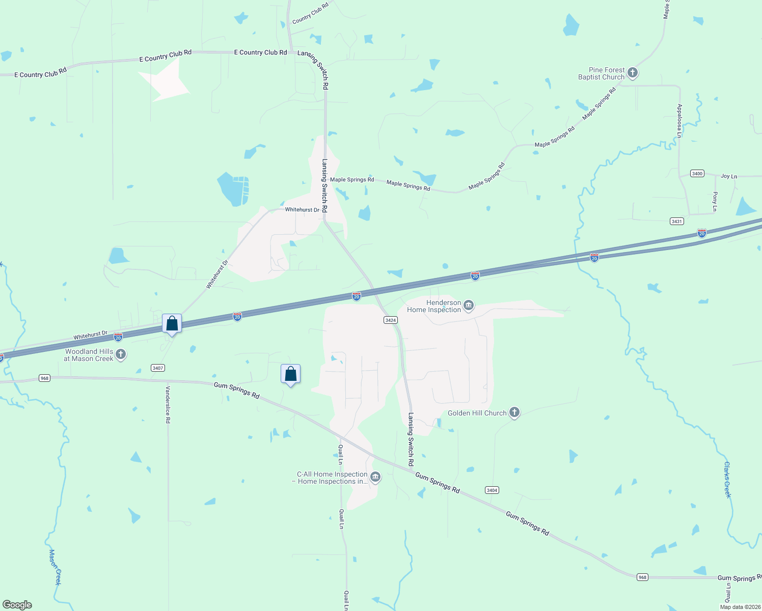 map of restaurants, bars, coffee shops, grocery stores, and more near 3815 County Road 3424 in Longview