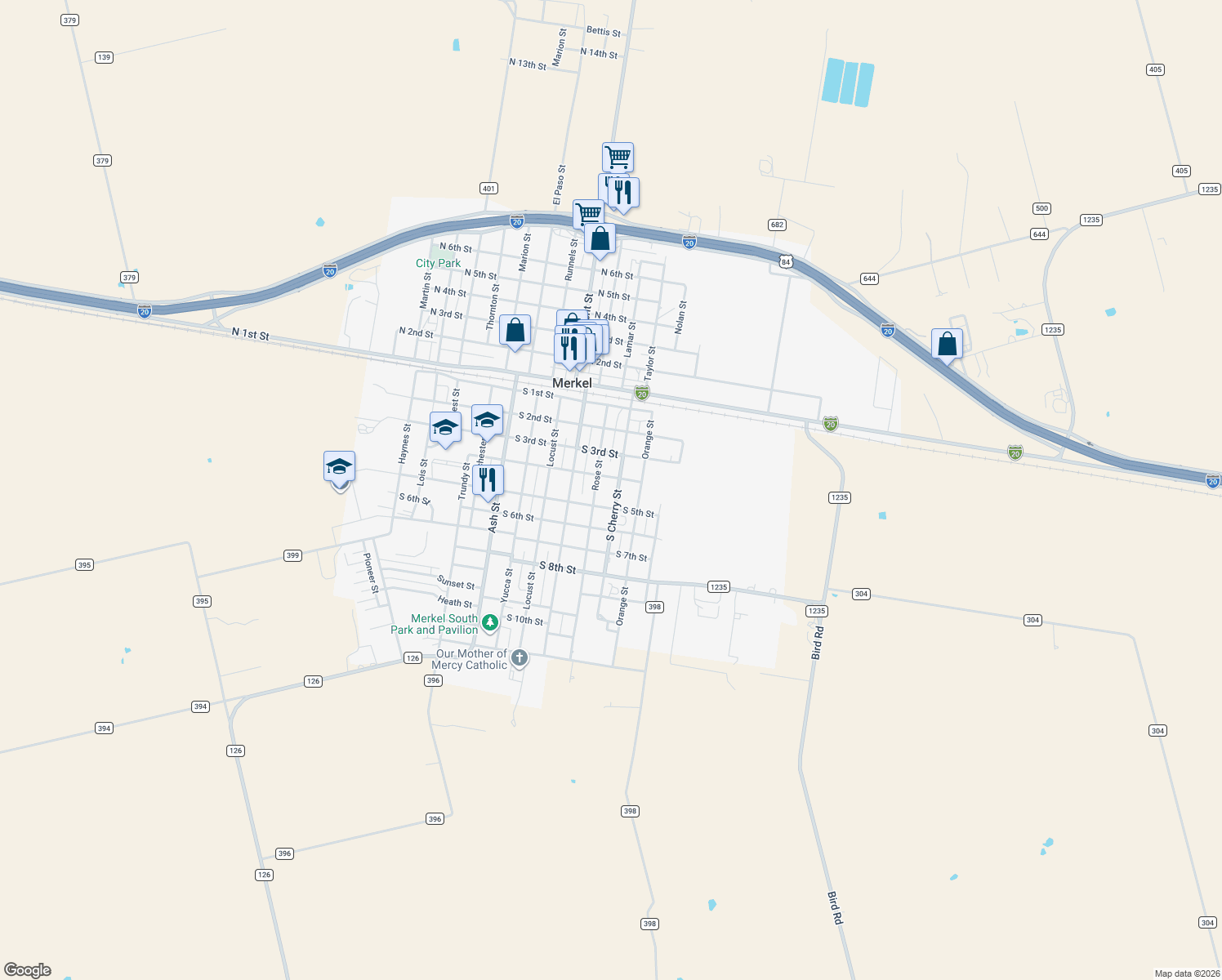map of restaurants, bars, coffee shops, grocery stores, and more near 406 South Cherry Street in Merkel
