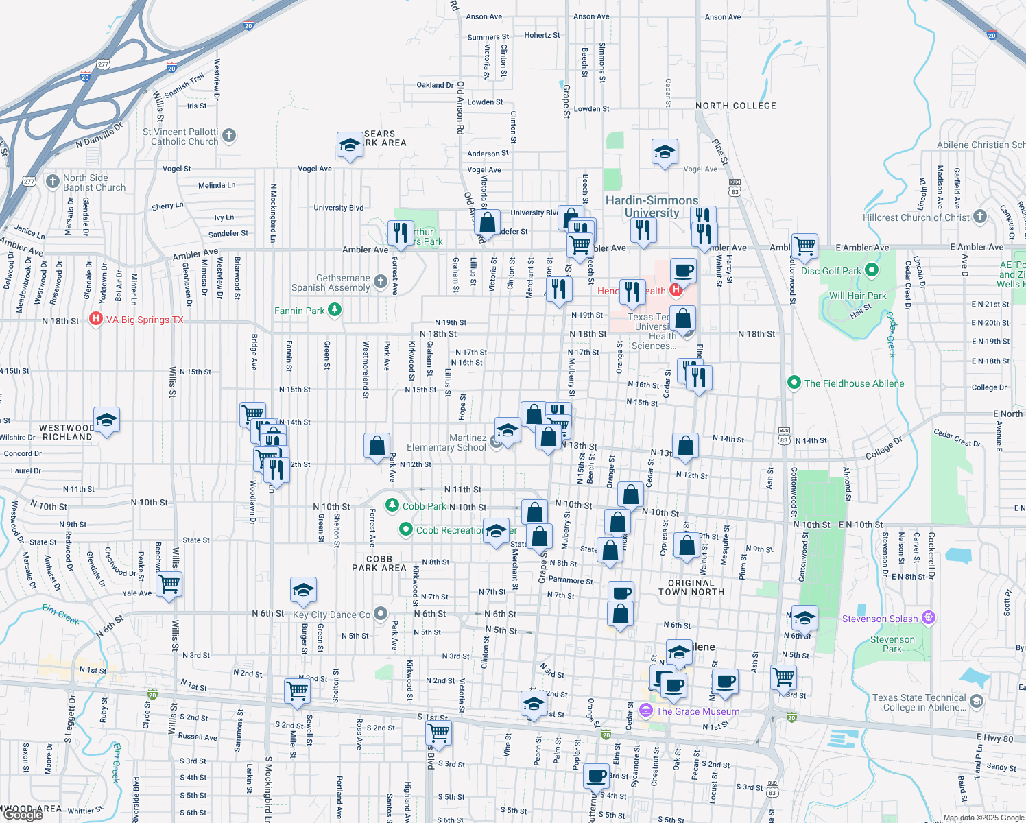 map of restaurants, bars, coffee shops, grocery stores, and more near 1426 Merchant Street in Abilene