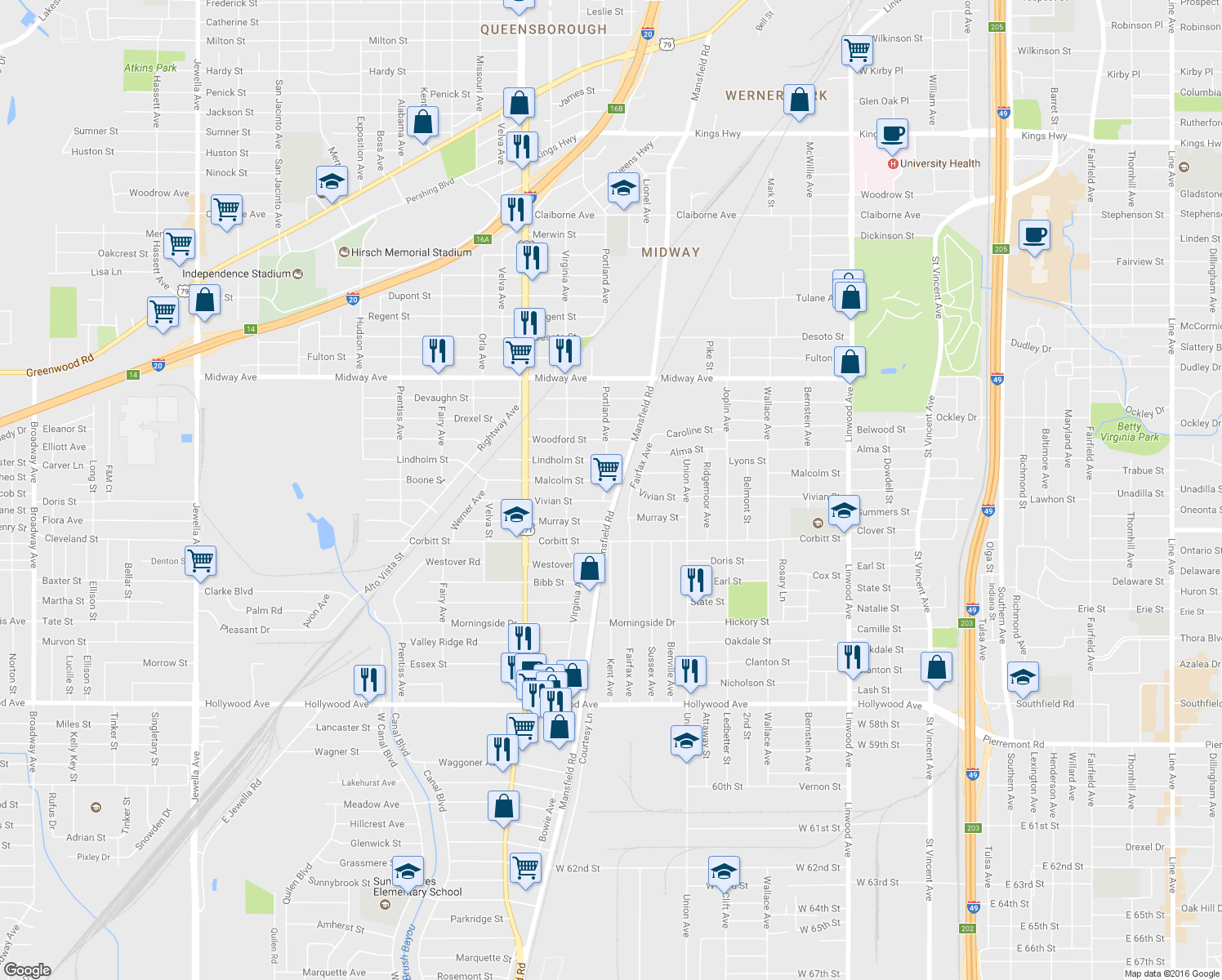 map of restaurants, bars, coffee shops, grocery stores, and more near 4708 Mansfield Rd in Shreveport
