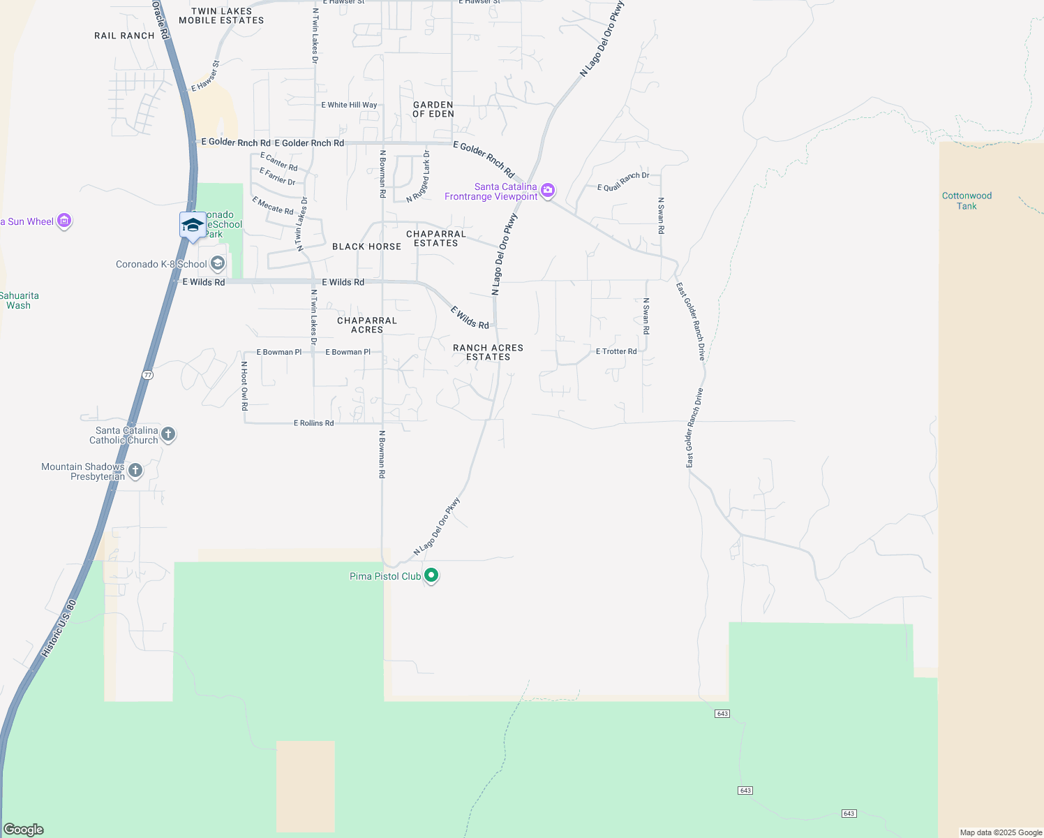 map of restaurants, bars, coffee shops, grocery stores, and more near 4299 East Rollins Road in Catalina