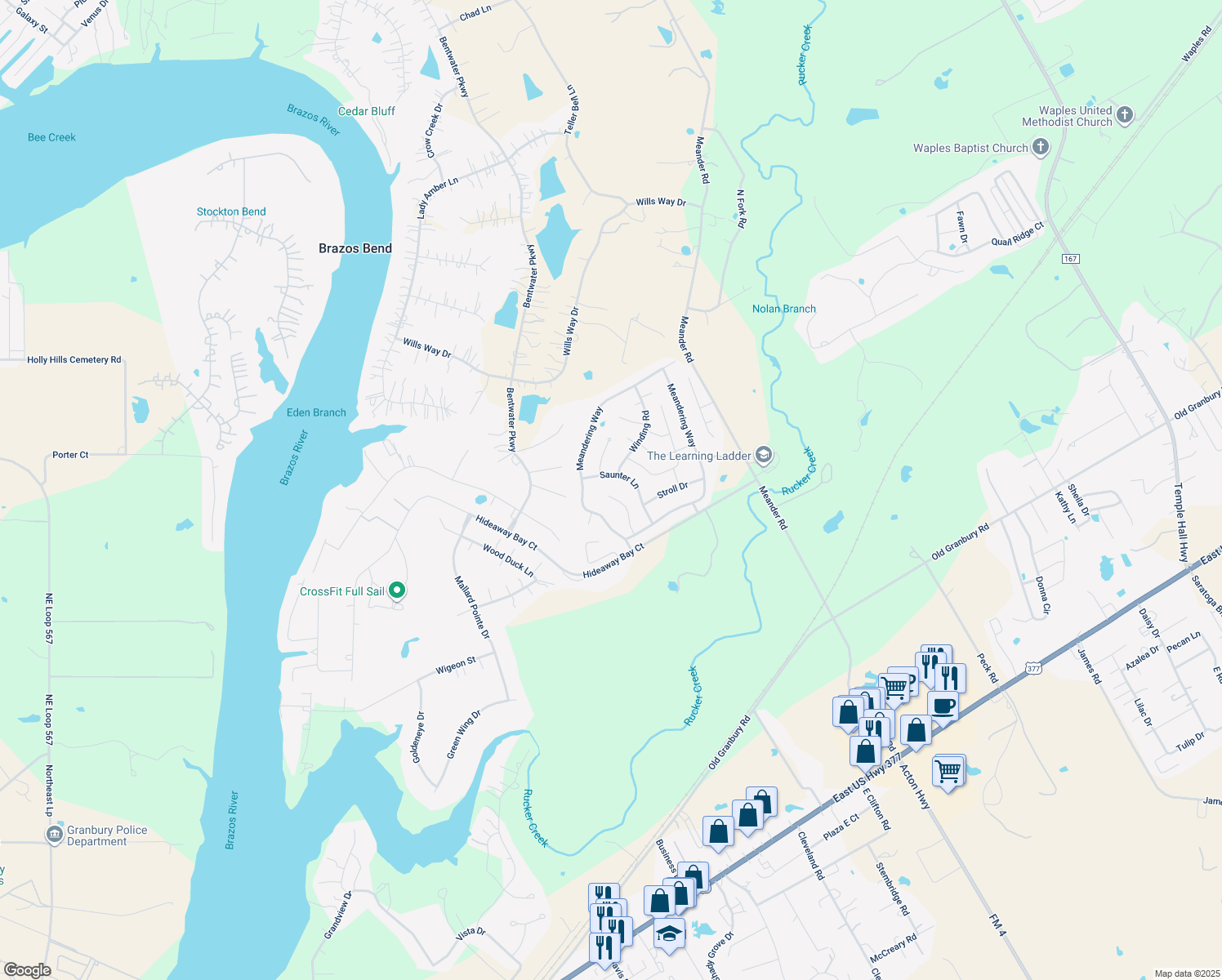 map of restaurants, bars, coffee shops, grocery stores, and more near 819 Wandering Ct in Granbury