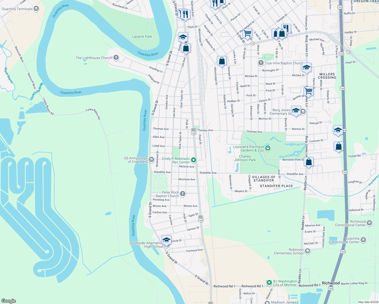 map of restaurants, bars, coffee shops, grocery stores, and more near 3309 Polk St in Monroe