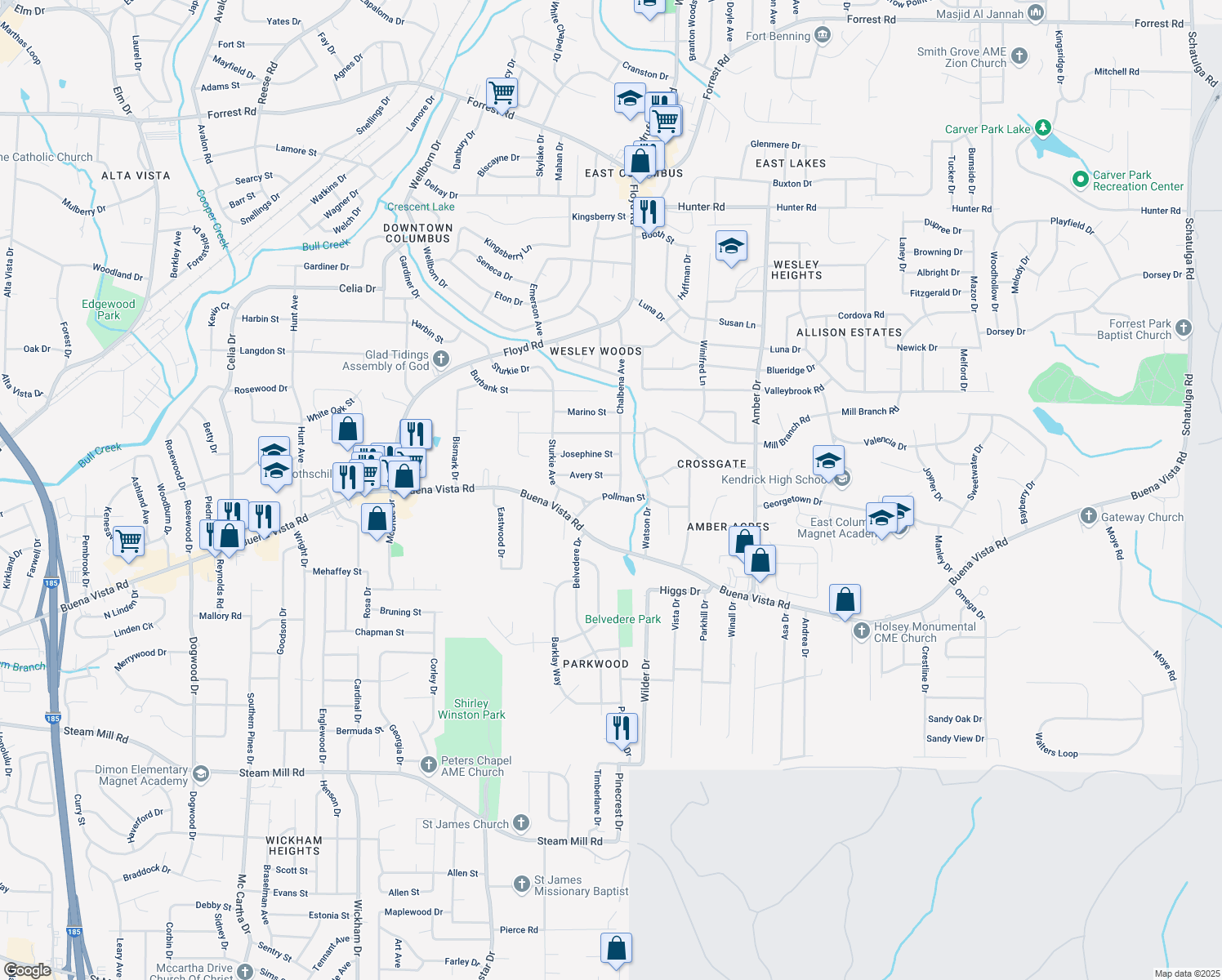 map of restaurants, bars, coffee shops, grocery stores, and more near 4827 Pollman St in Columbus