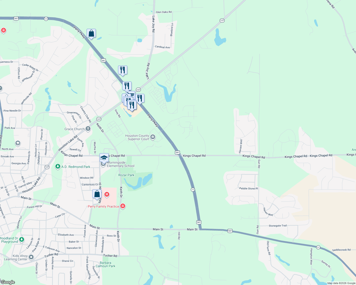 map of restaurants, bars, coffee shops, grocery stores, and more near 200 Perry Parkway in Perry