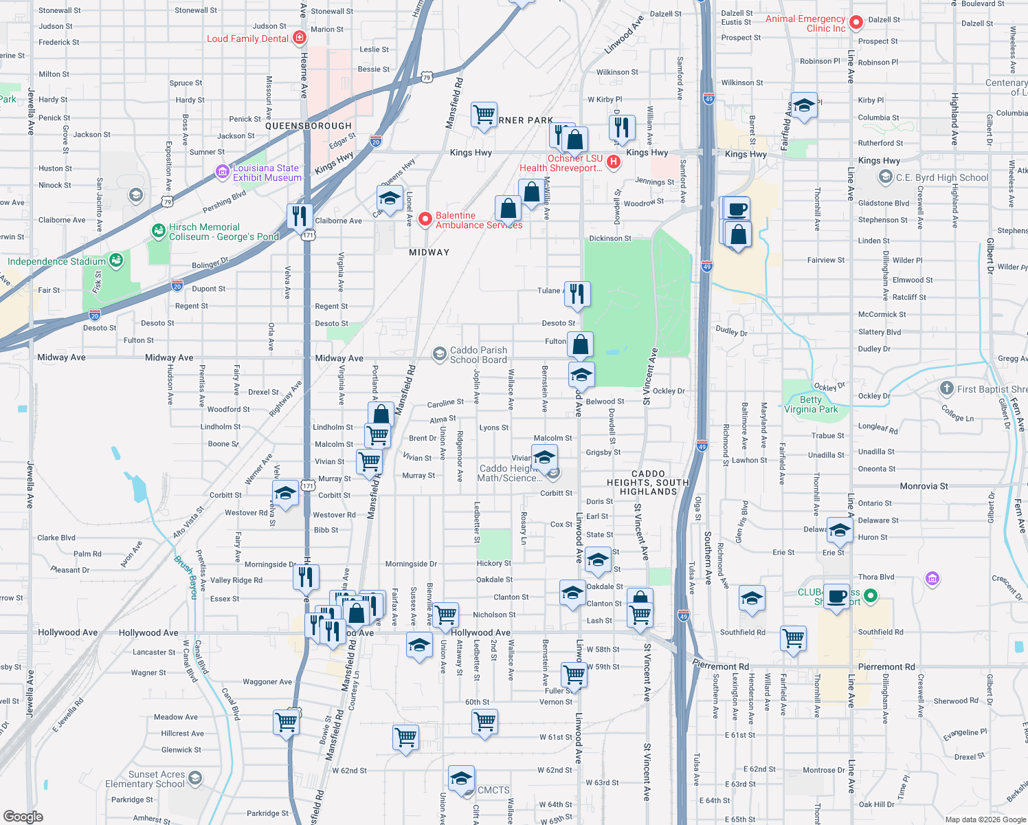 map of restaurants, bars, coffee shops, grocery stores, and more near 1739 Alma St in Shreveport