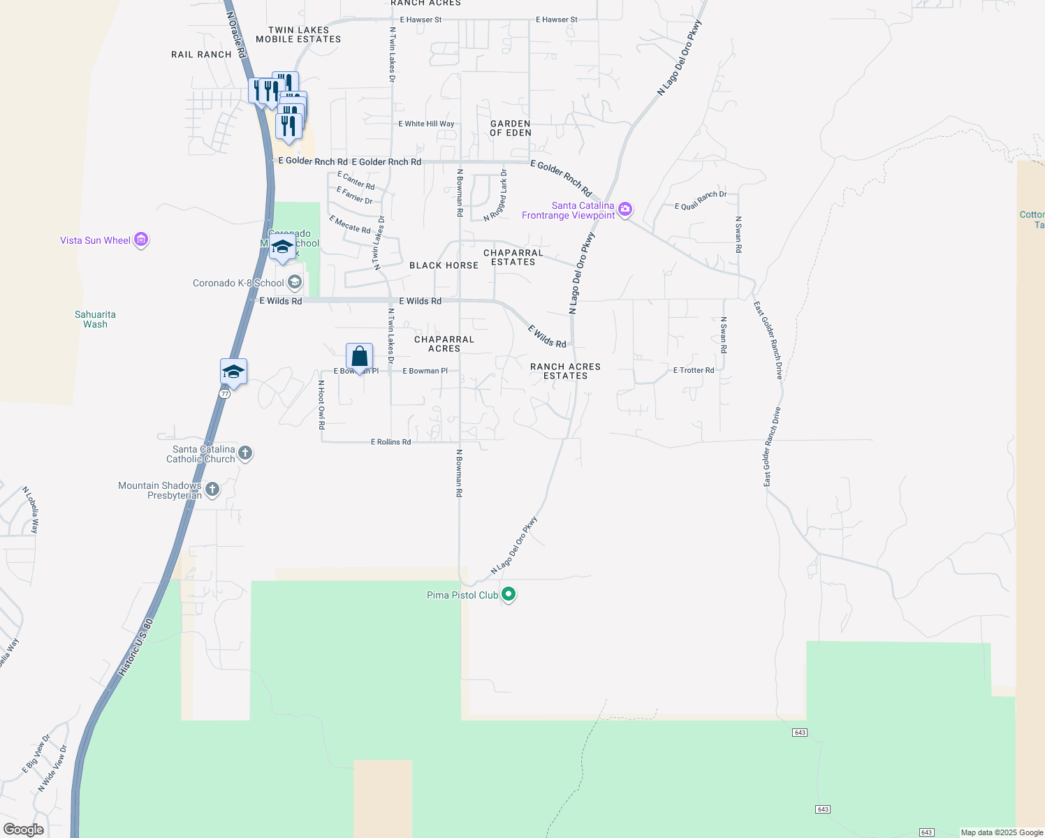 map of restaurants, bars, coffee shops, grocery stores, and more near 4075 East Rollins Road in Tucson